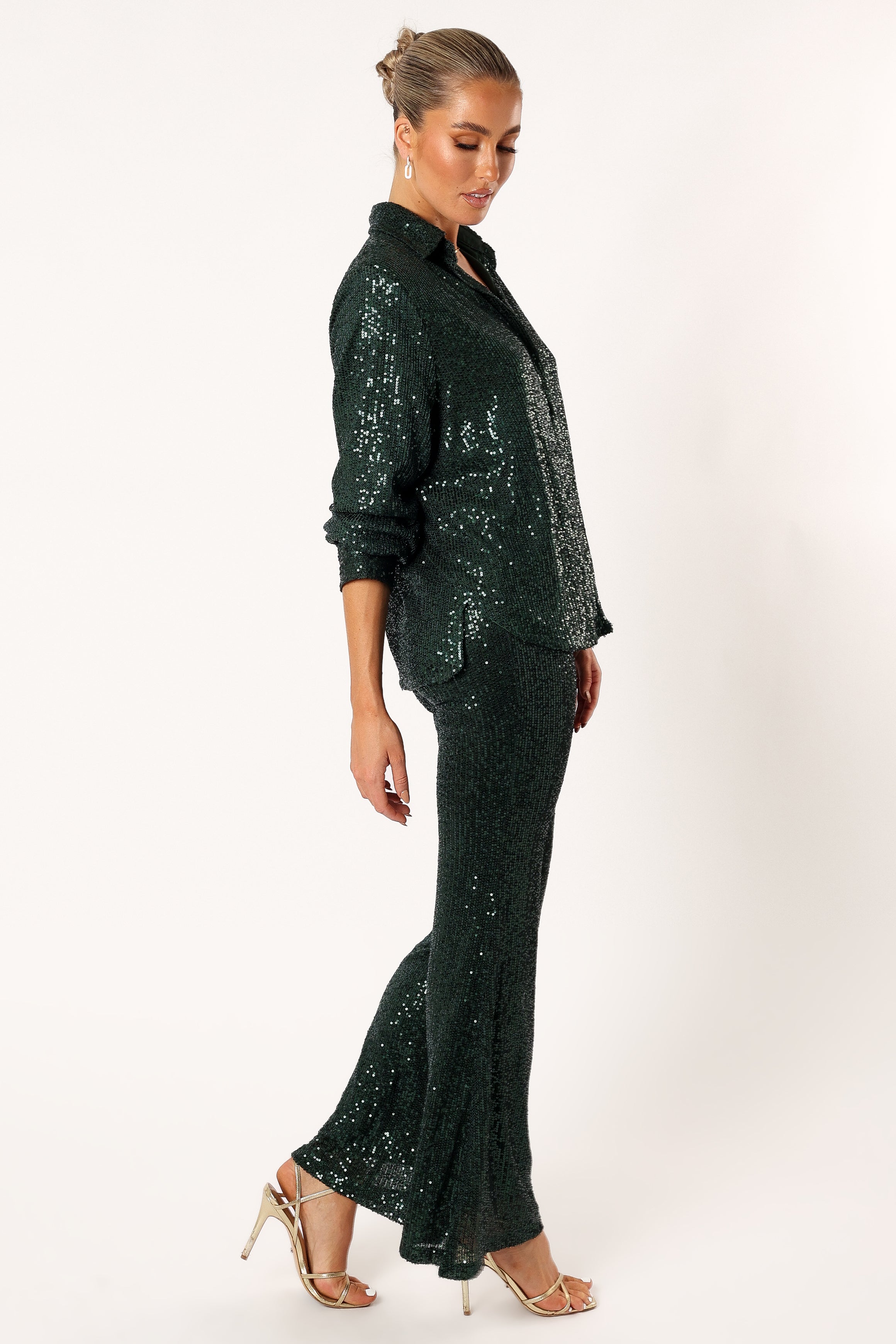 Hunter Green Sequin Two-Piece Pant Set with Flare Legs