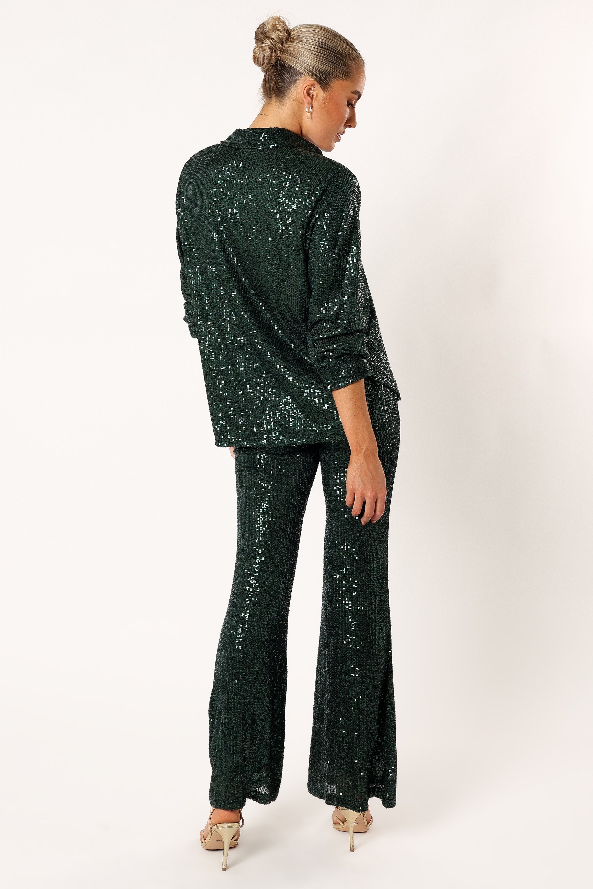 Hunter Green Sequin Two-Piece Pant Set with Flare Legs
