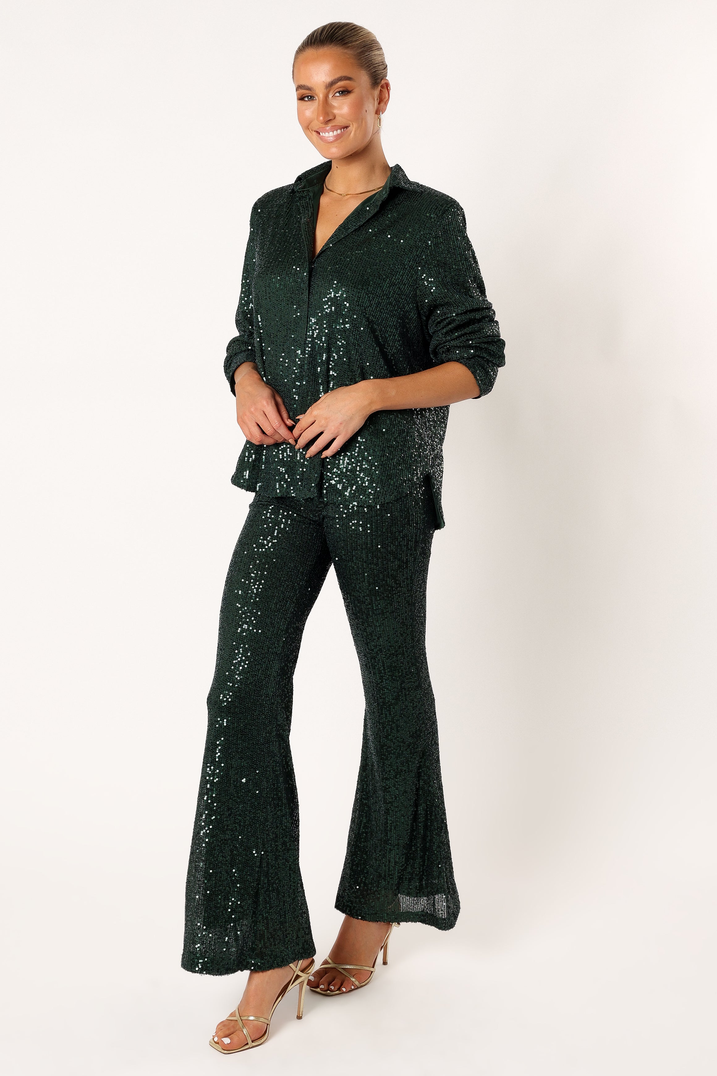 Hunter Green Sequin Two-Piece Pant Set with Flare Legs
