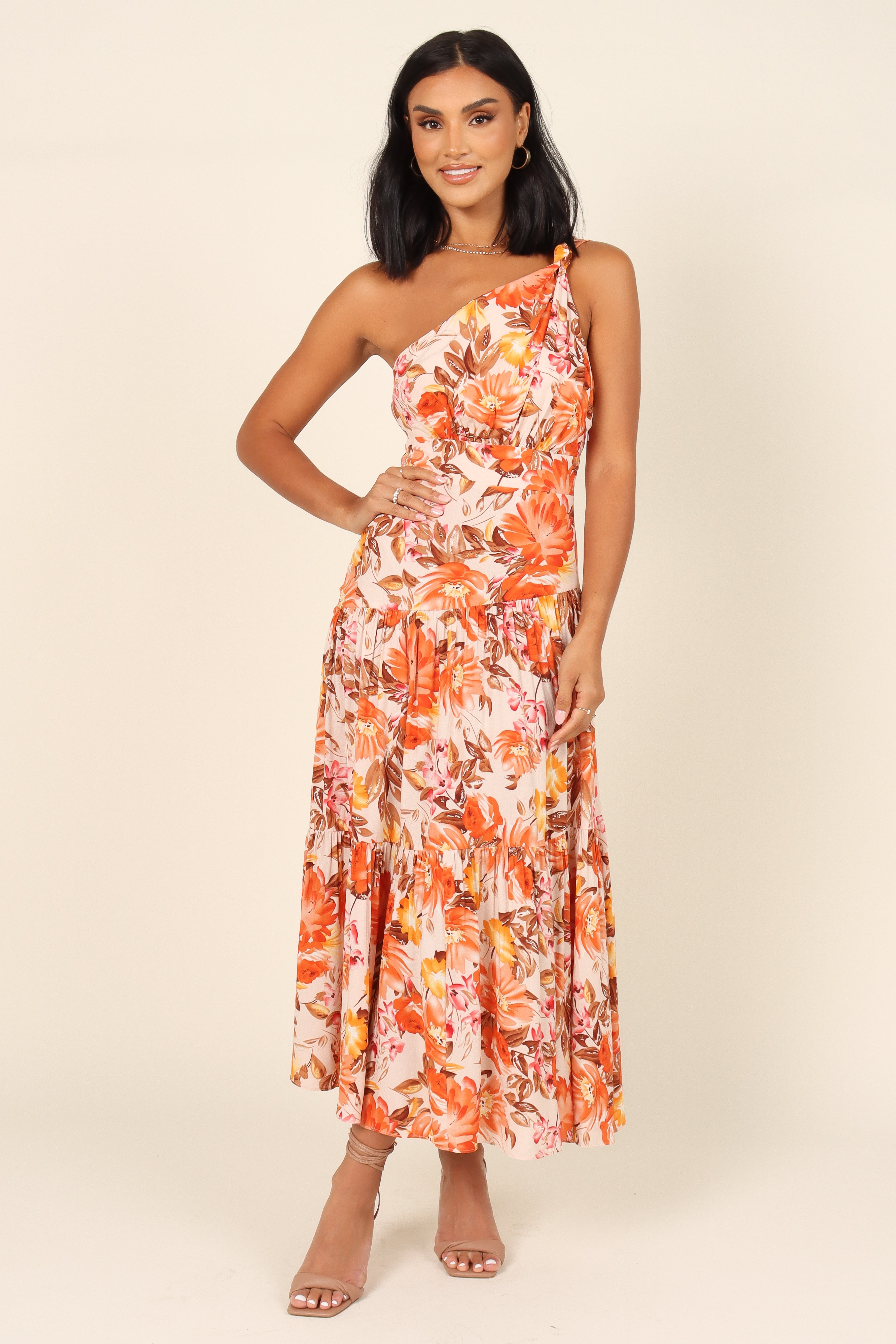 Orange One Shoulder Maxi Dress with Floral Print - Marietta