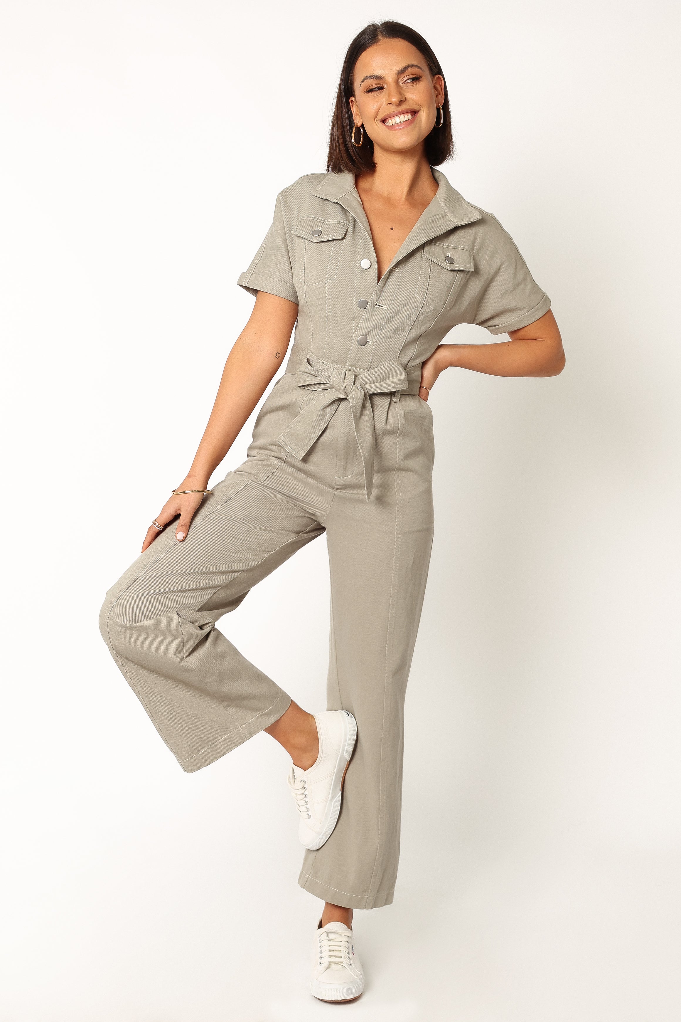 Women's Olive Cotton Jumpsuit with Contrast Stitch & Detachable Tie