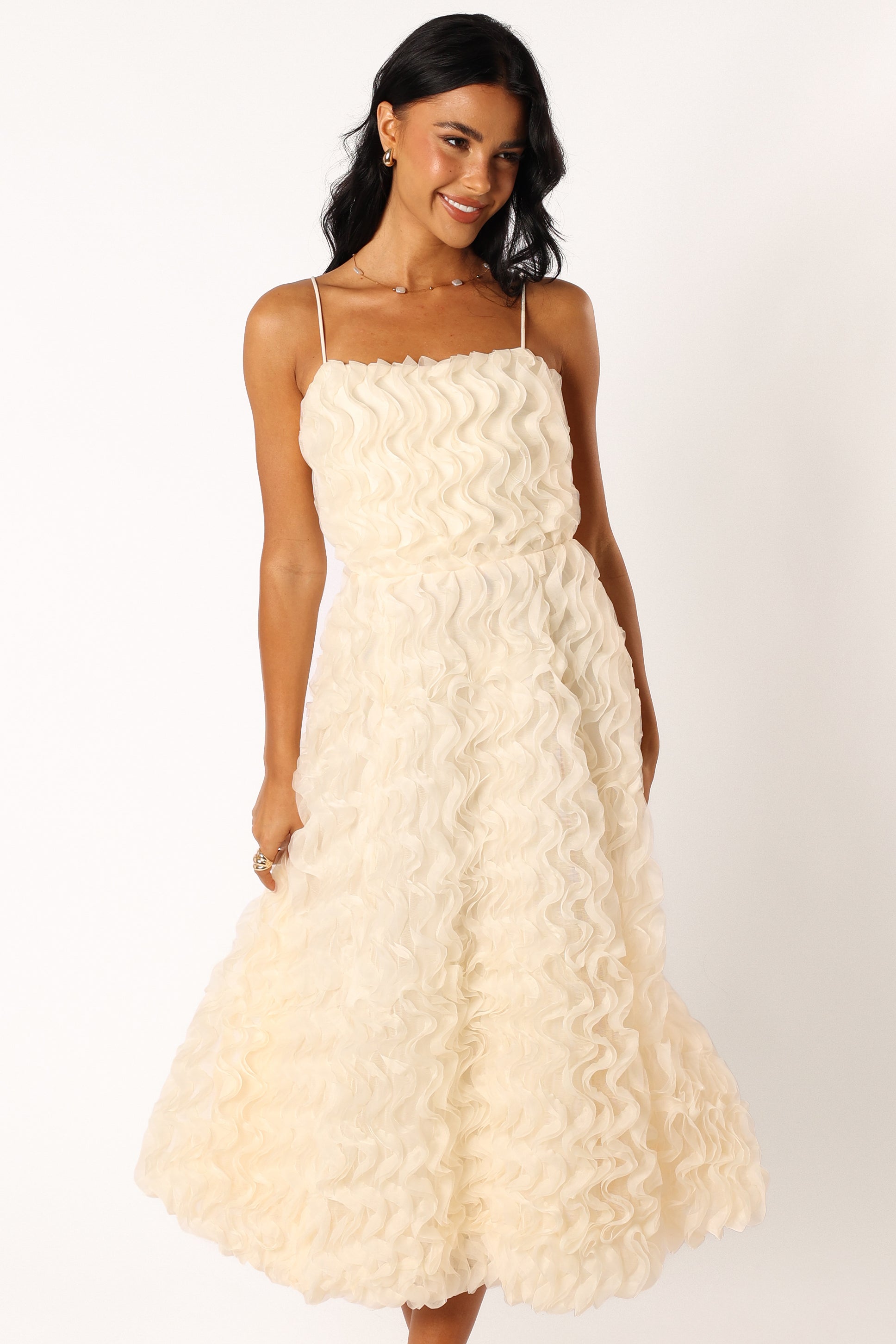 White Textured Midi Dress with Sweetheart Neckline - Kade