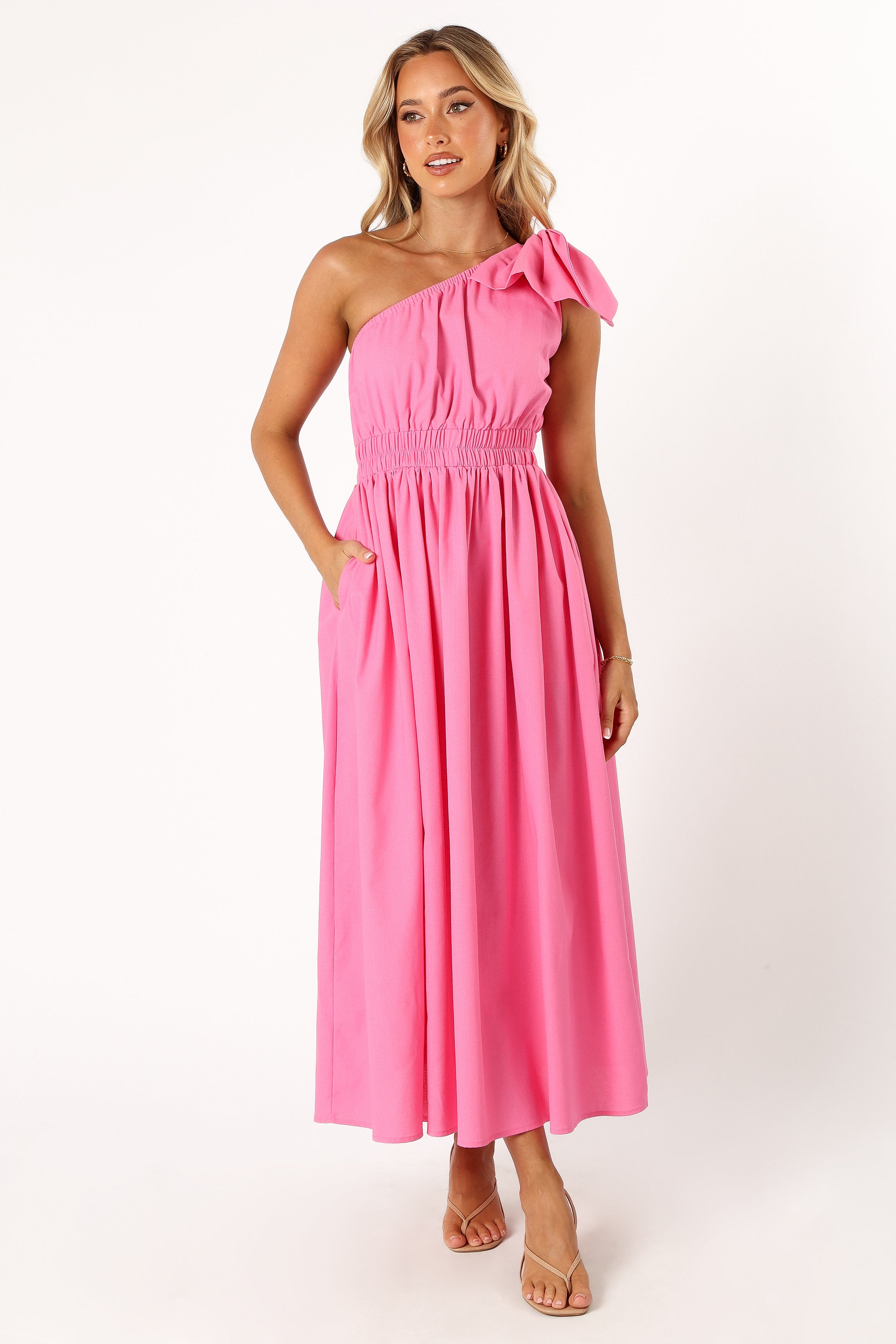 One Shoulder Maxi Dress with Bow Detail - Hot Pink A-Line