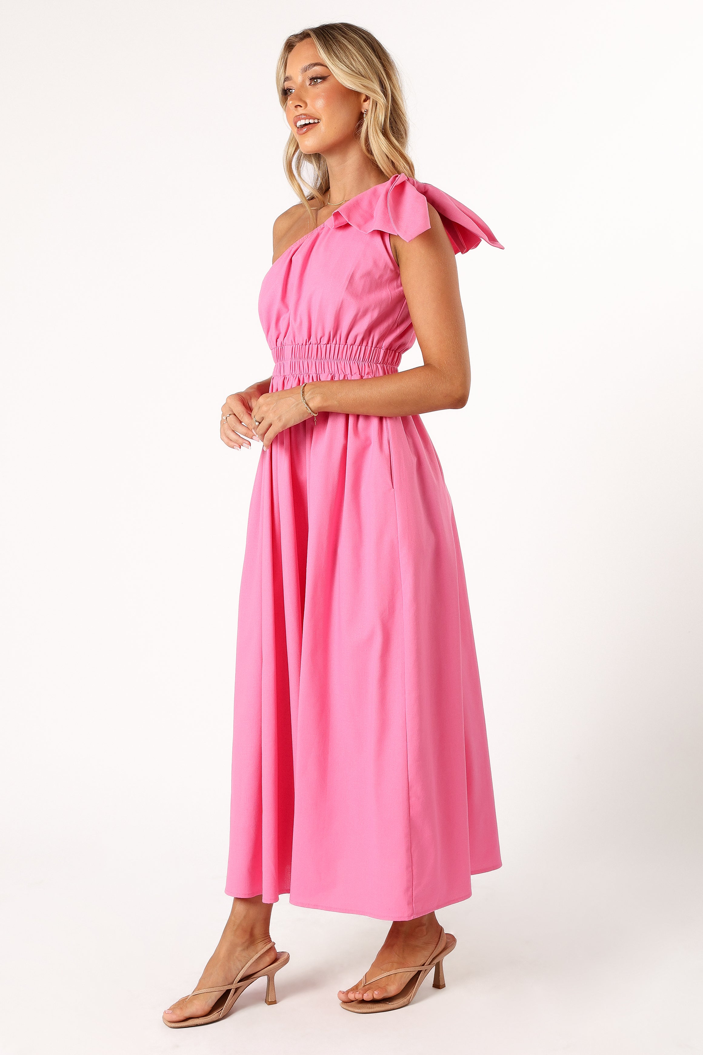 One Shoulder Maxi Dress with Bow Detail - Hot Pink A-Line