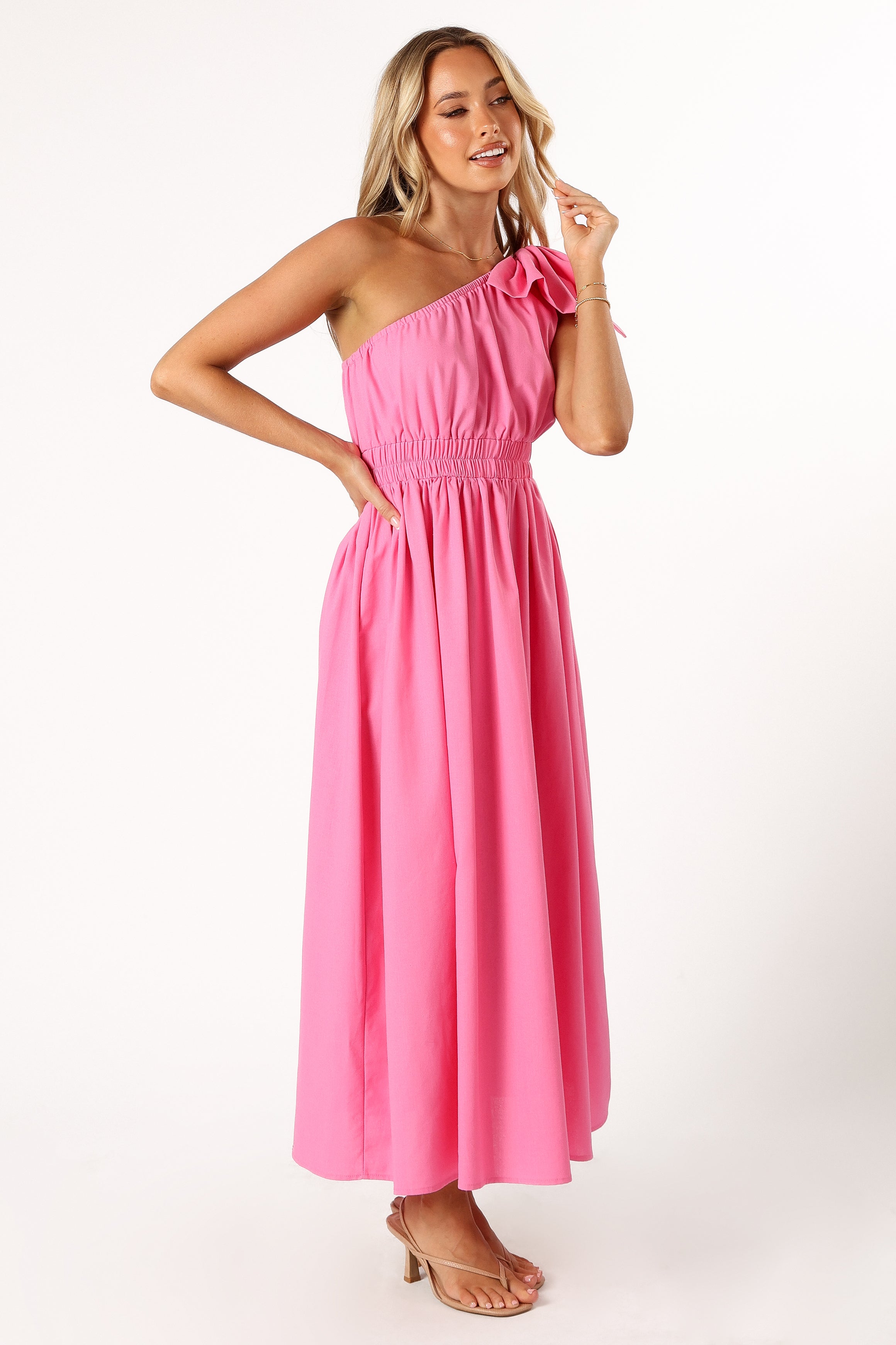One Shoulder Maxi Dress with Bow Detail - Hot Pink A-Line