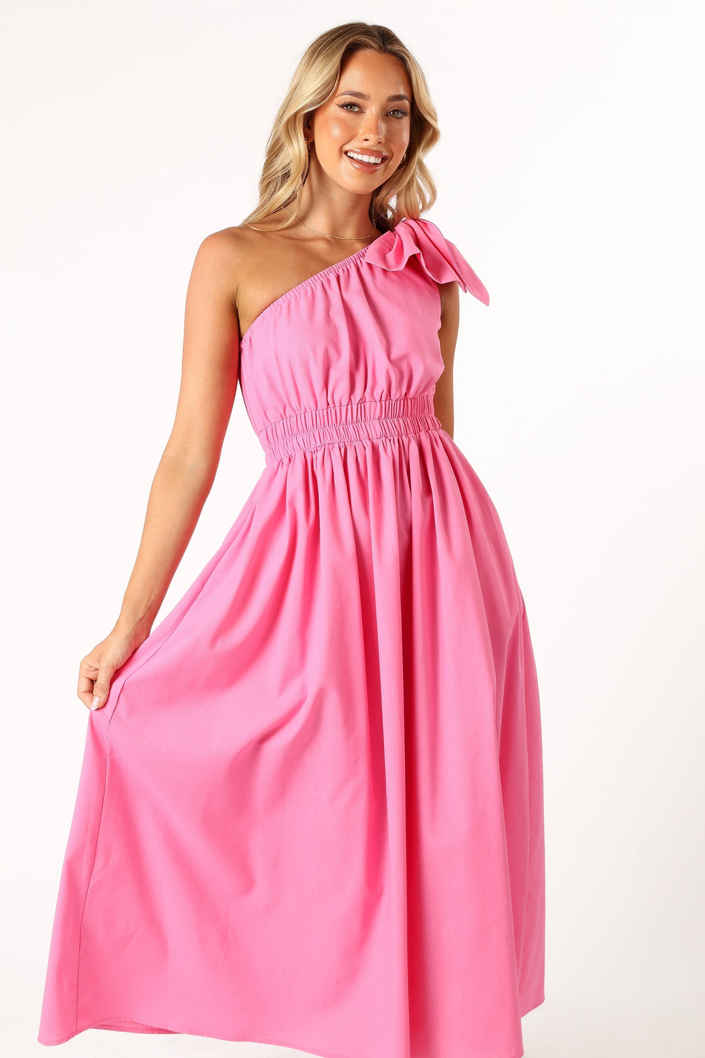One Shoulder Maxi Dress with Bow Detail - Hot Pink A-Line