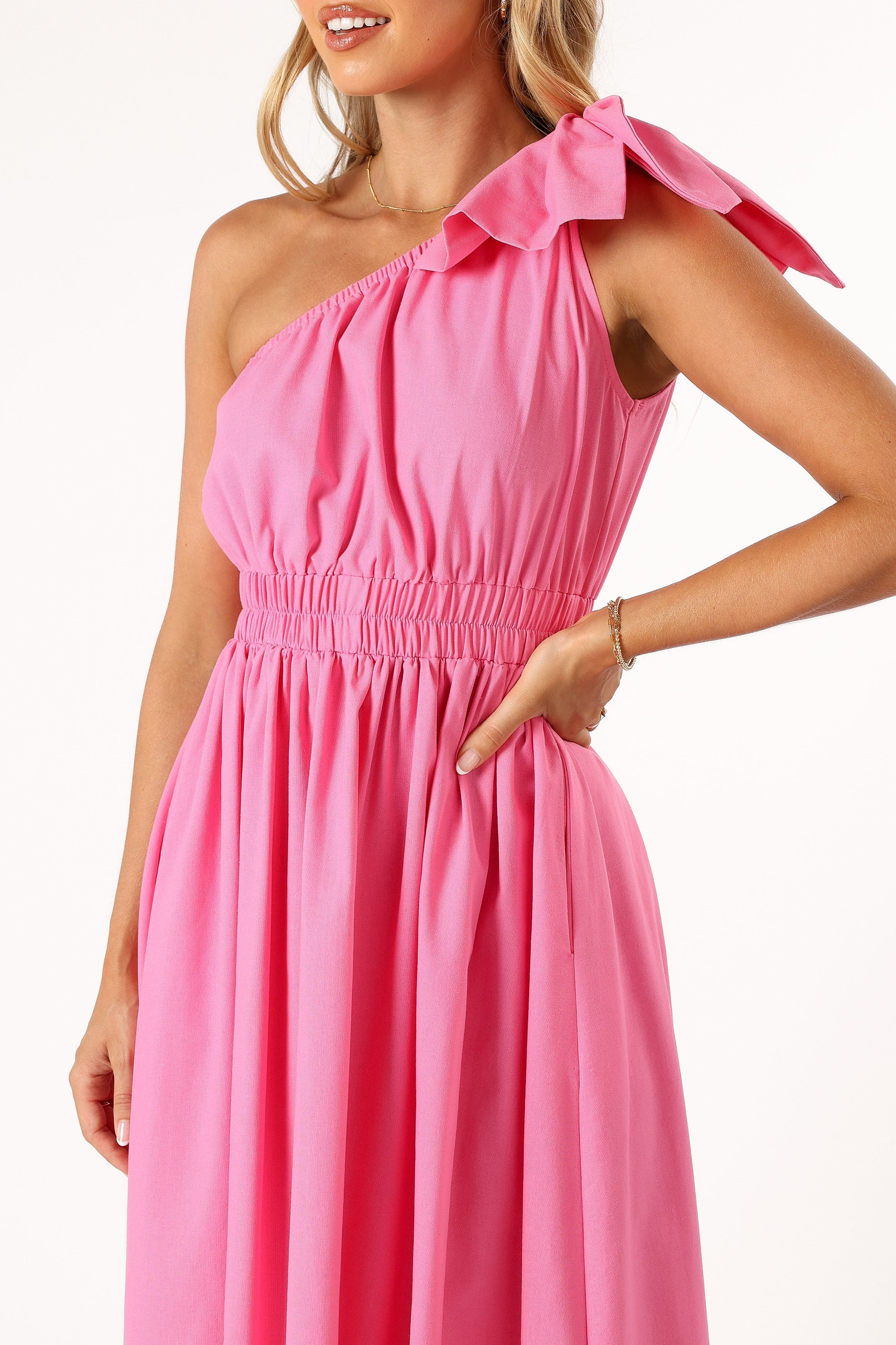 One Shoulder Maxi Dress with Bow Detail - Hot Pink A-Line