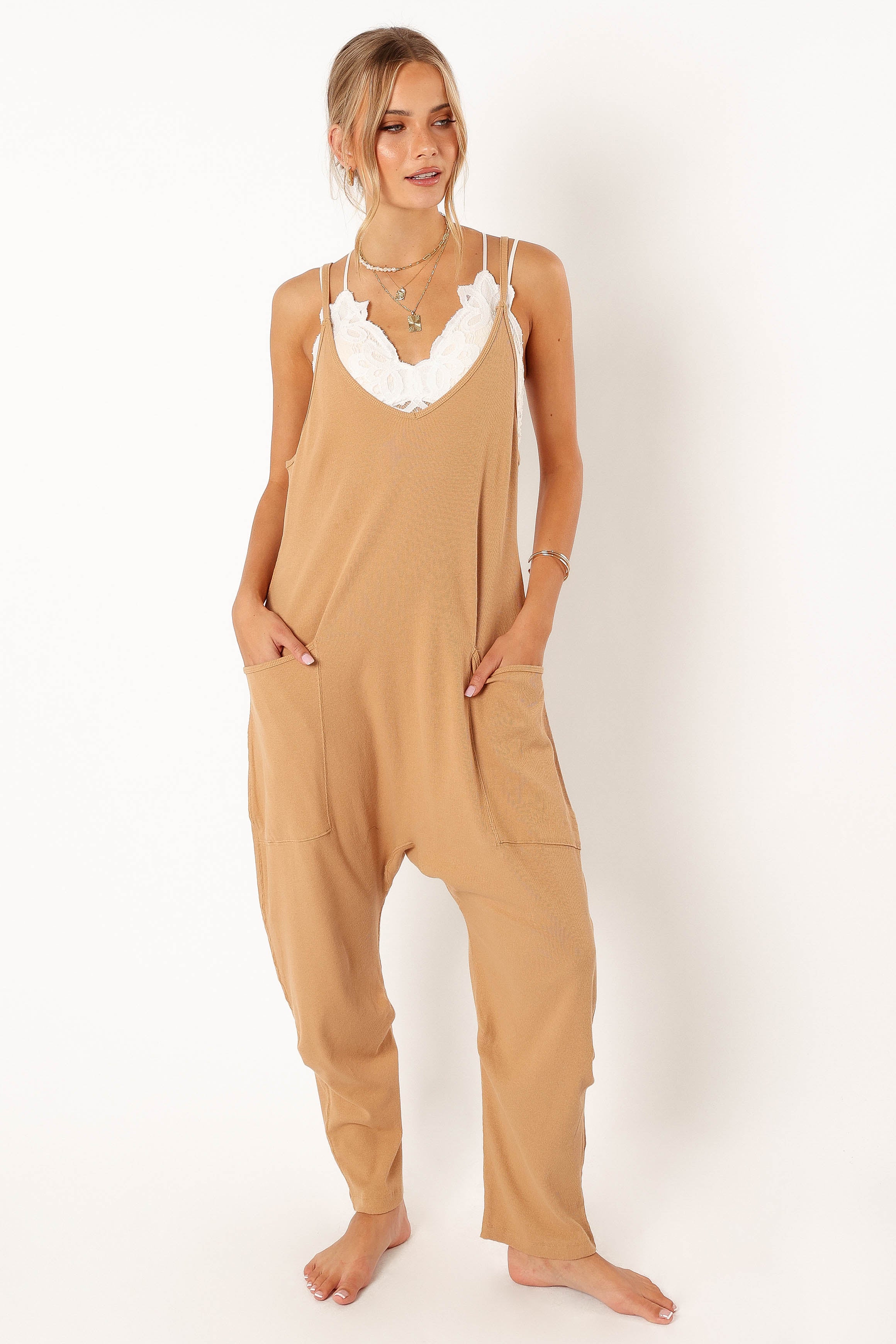 Women's Tan Kenny Jumpsuit - Adjustable Straps & Functional Pockets