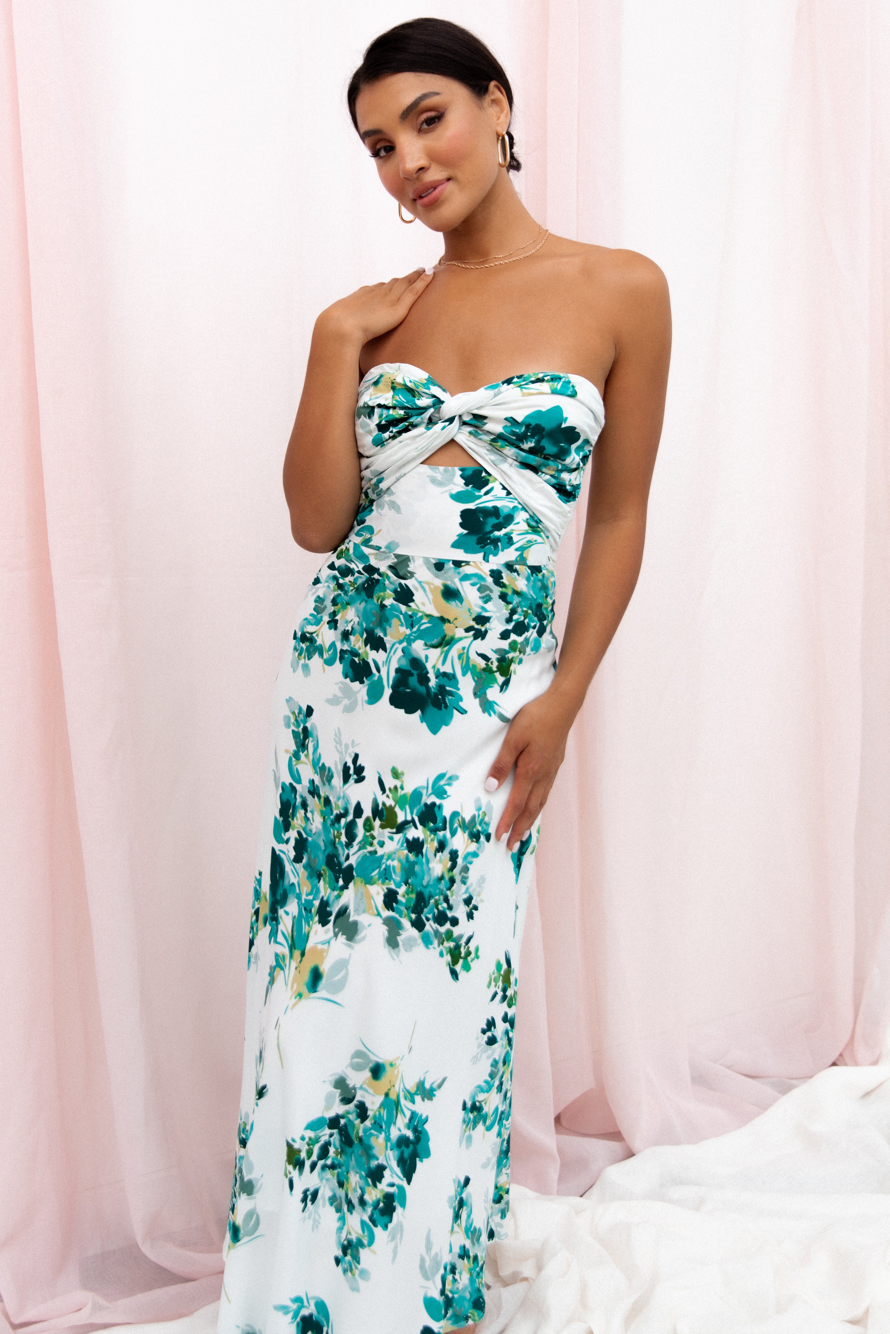 Floral Strapless Midi Dress with Sweetheart Neckline & Twist Detail