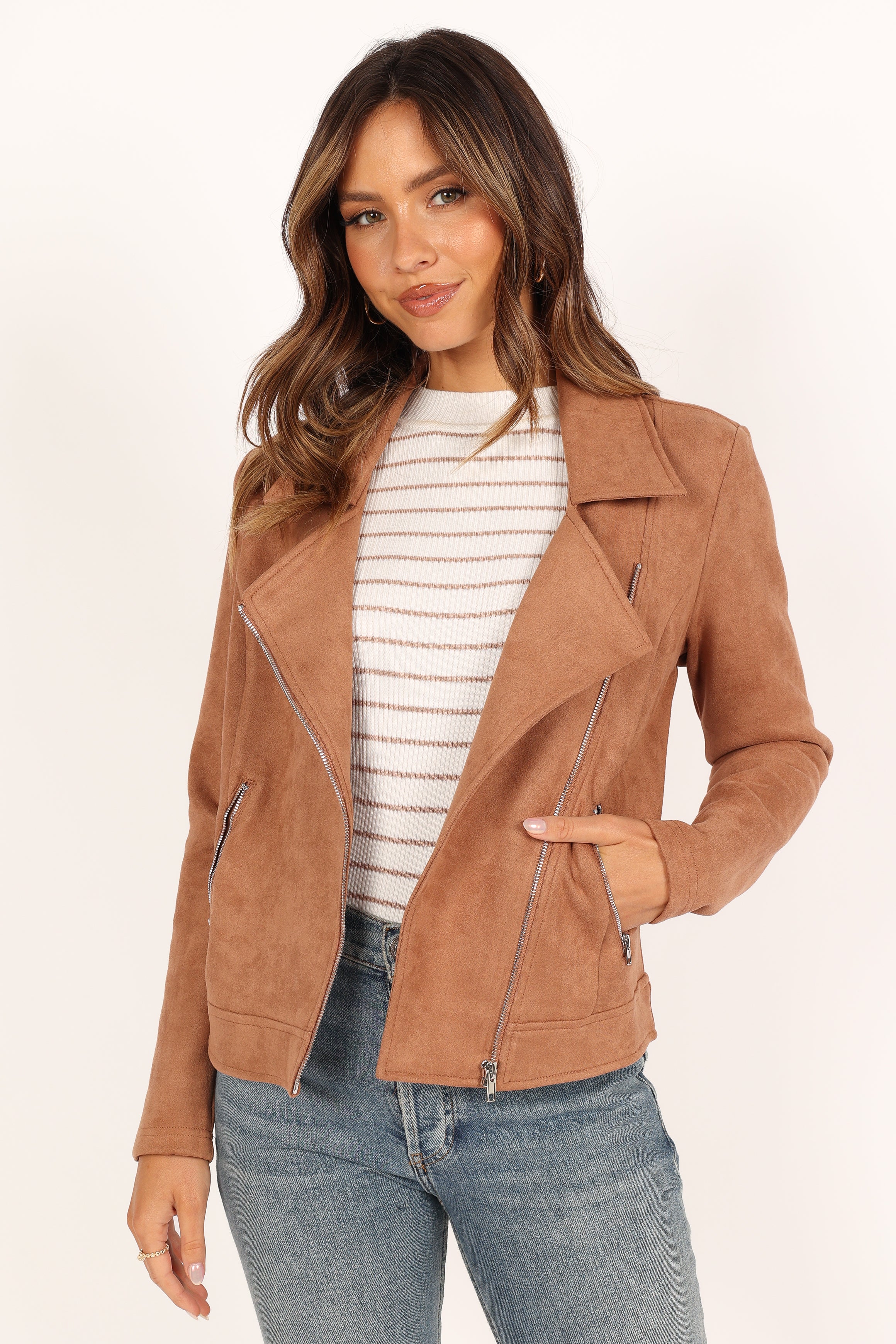 Women's Tan Faux Suede Moto Jacket - Spencer Zip-Up with Pockets