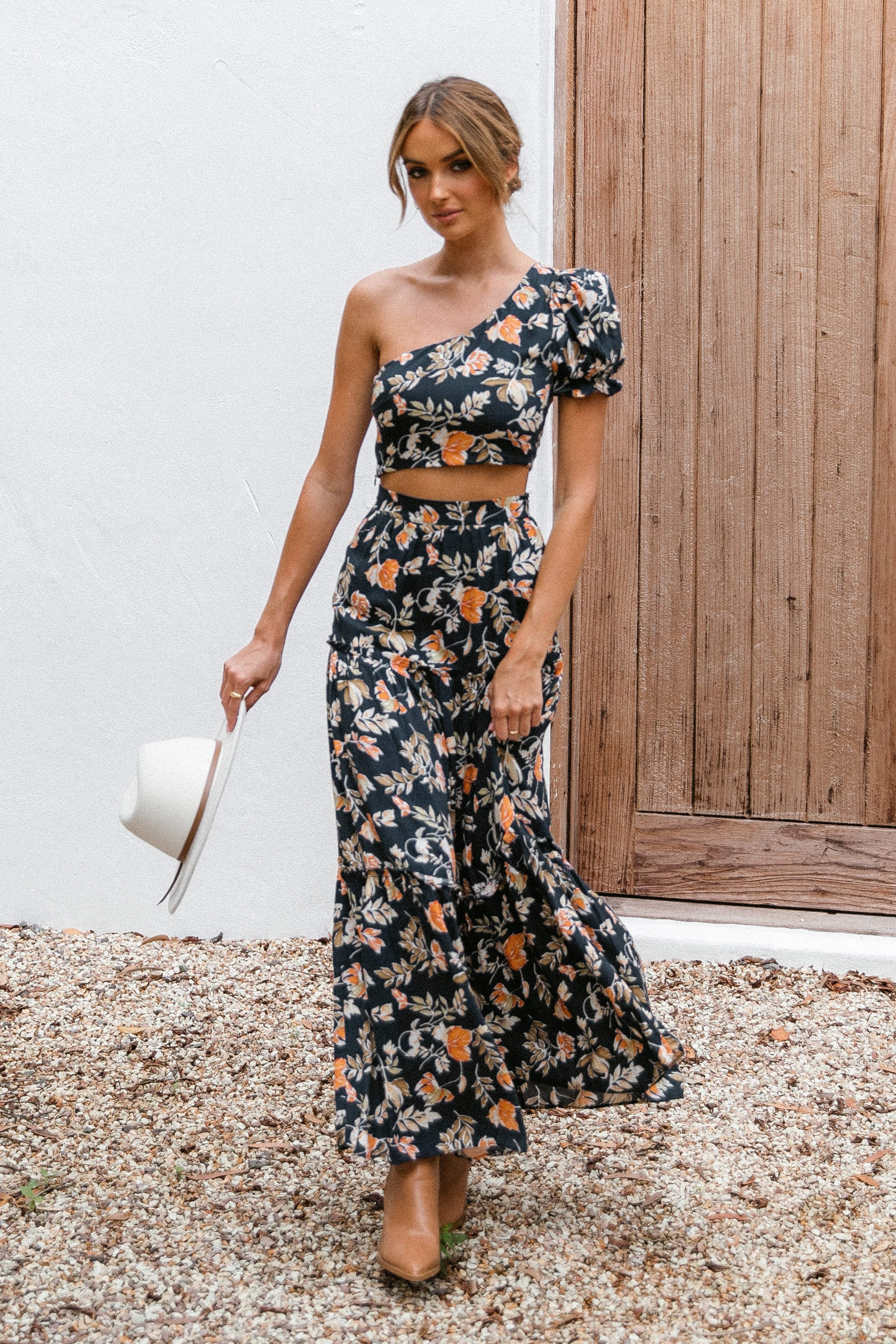 Navy Floral One Shoulder Cropped Top - Aimee