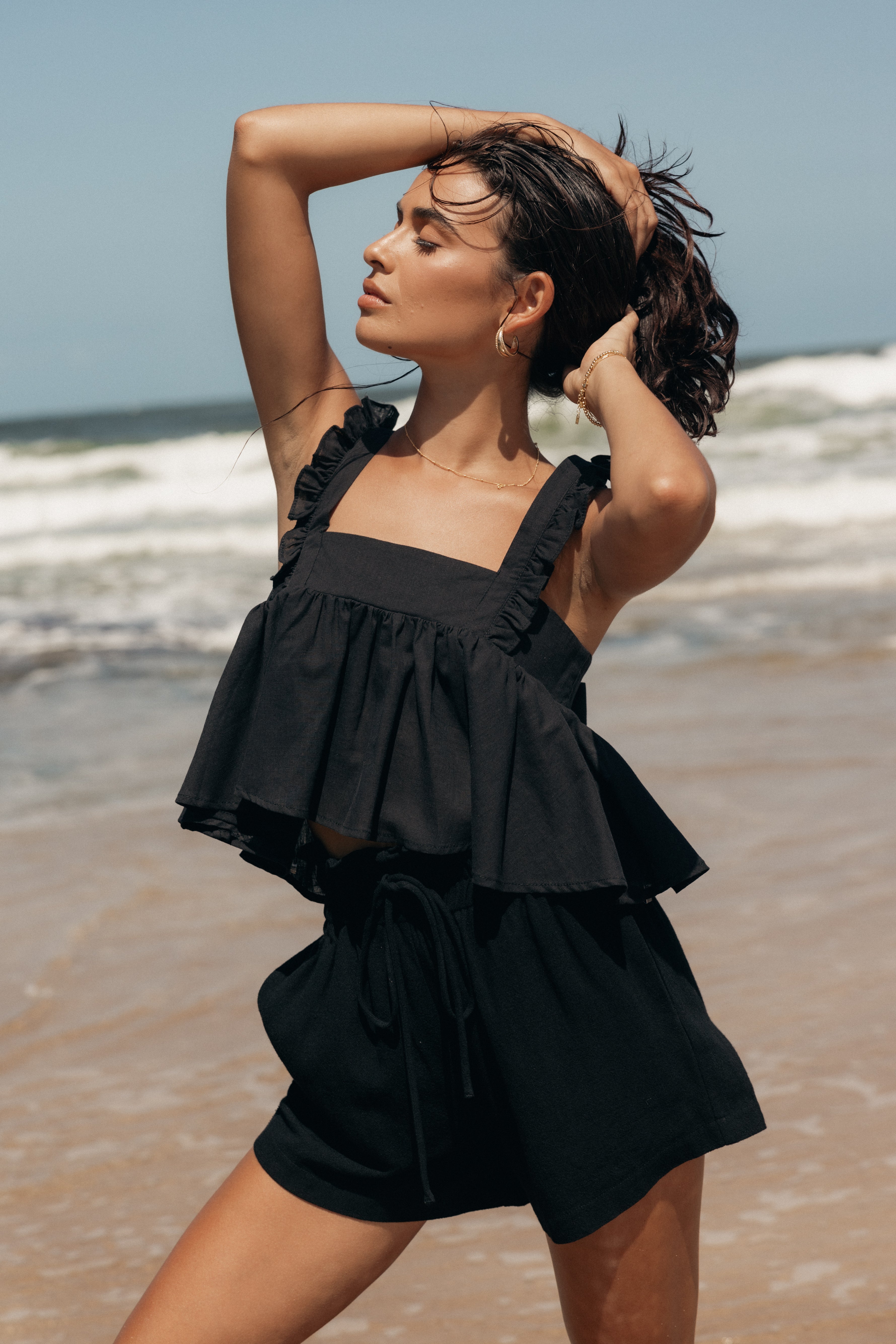 Black Raye Ruffle Strap Top - Square Neckline & Back Tie Detail
