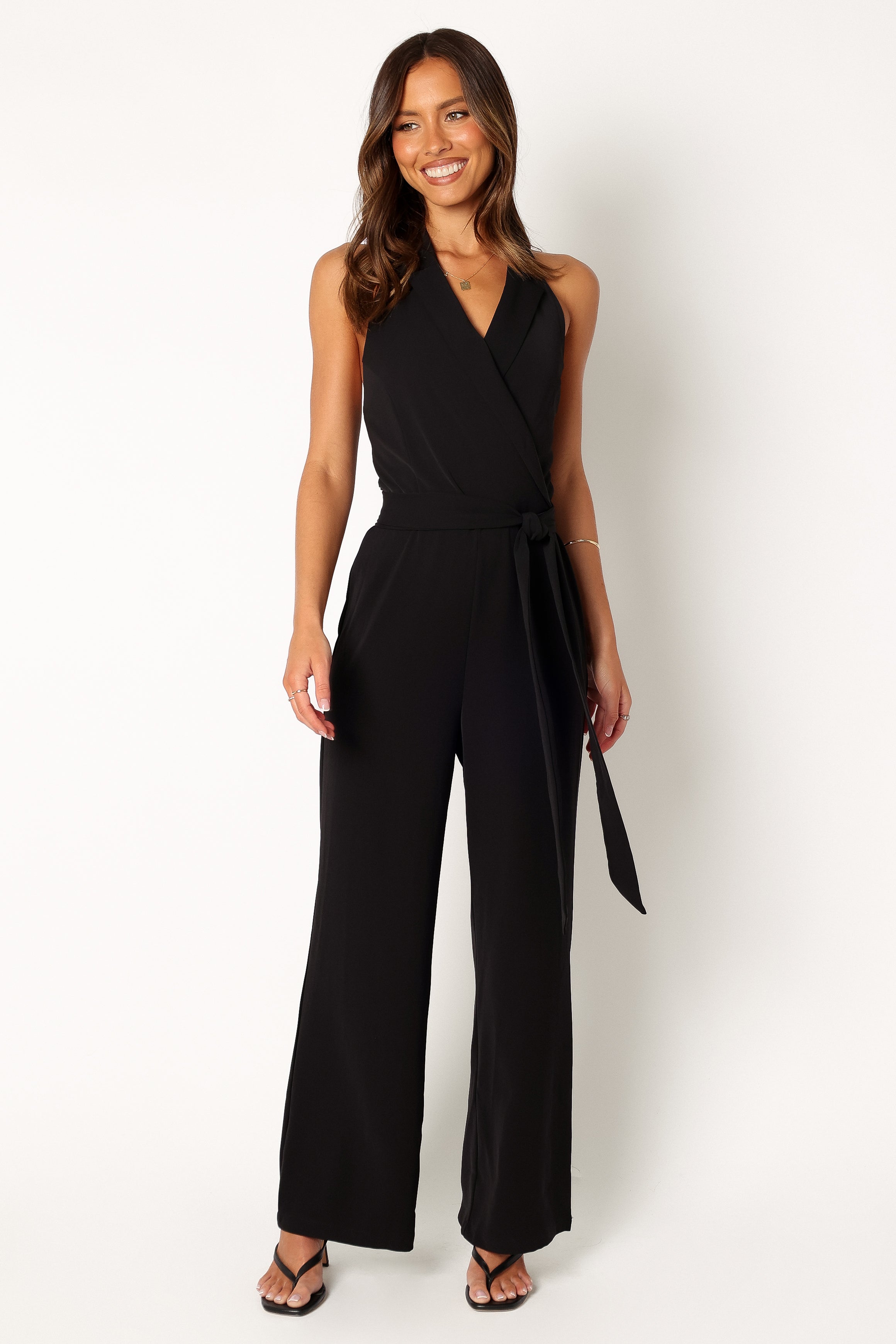 Black Halter Neck Jumpsuit with V-Neck & Waist Tie - Tally