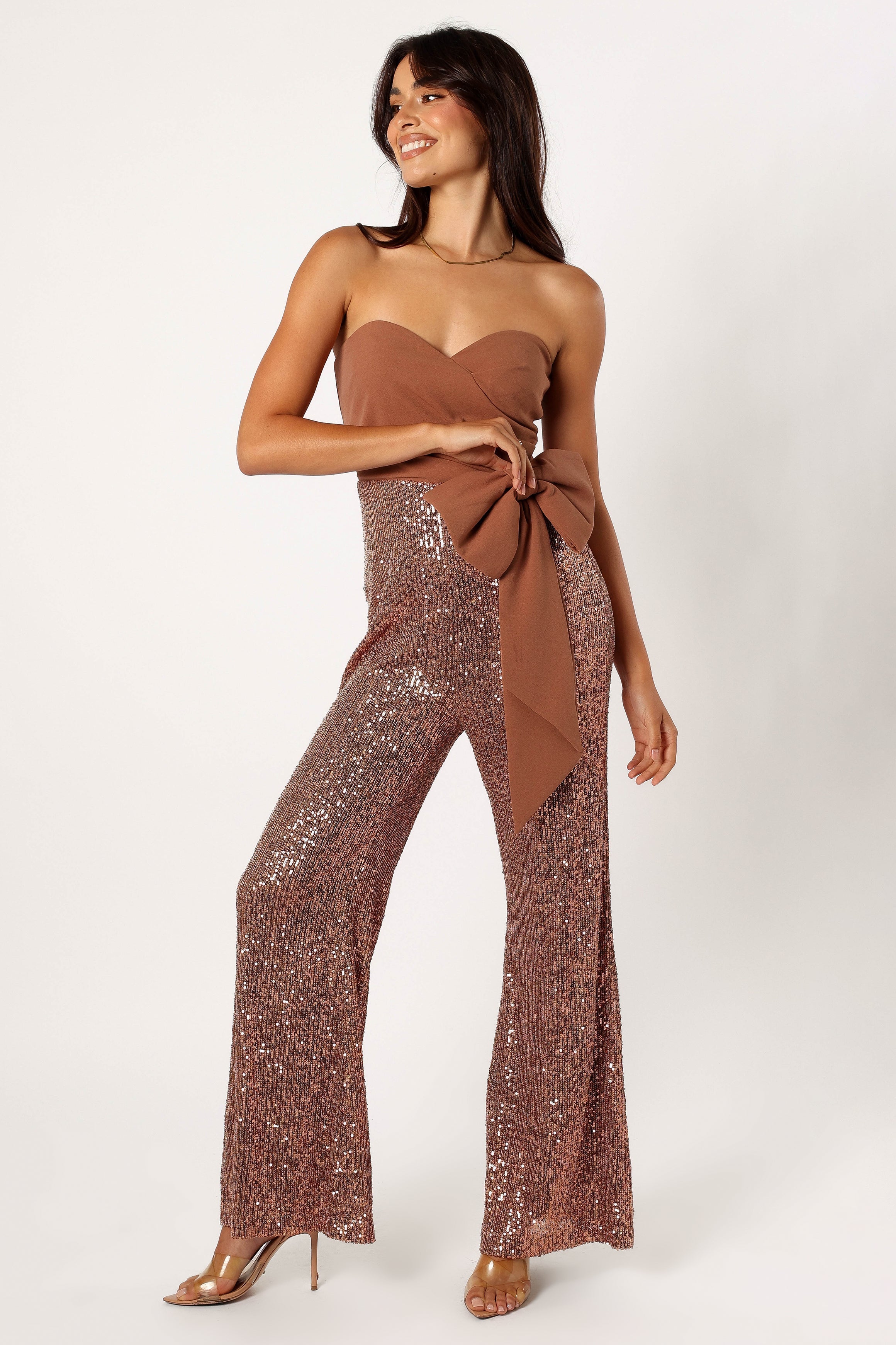 Strapless Sequin Jumpsuit with Bow Waist - Tan
