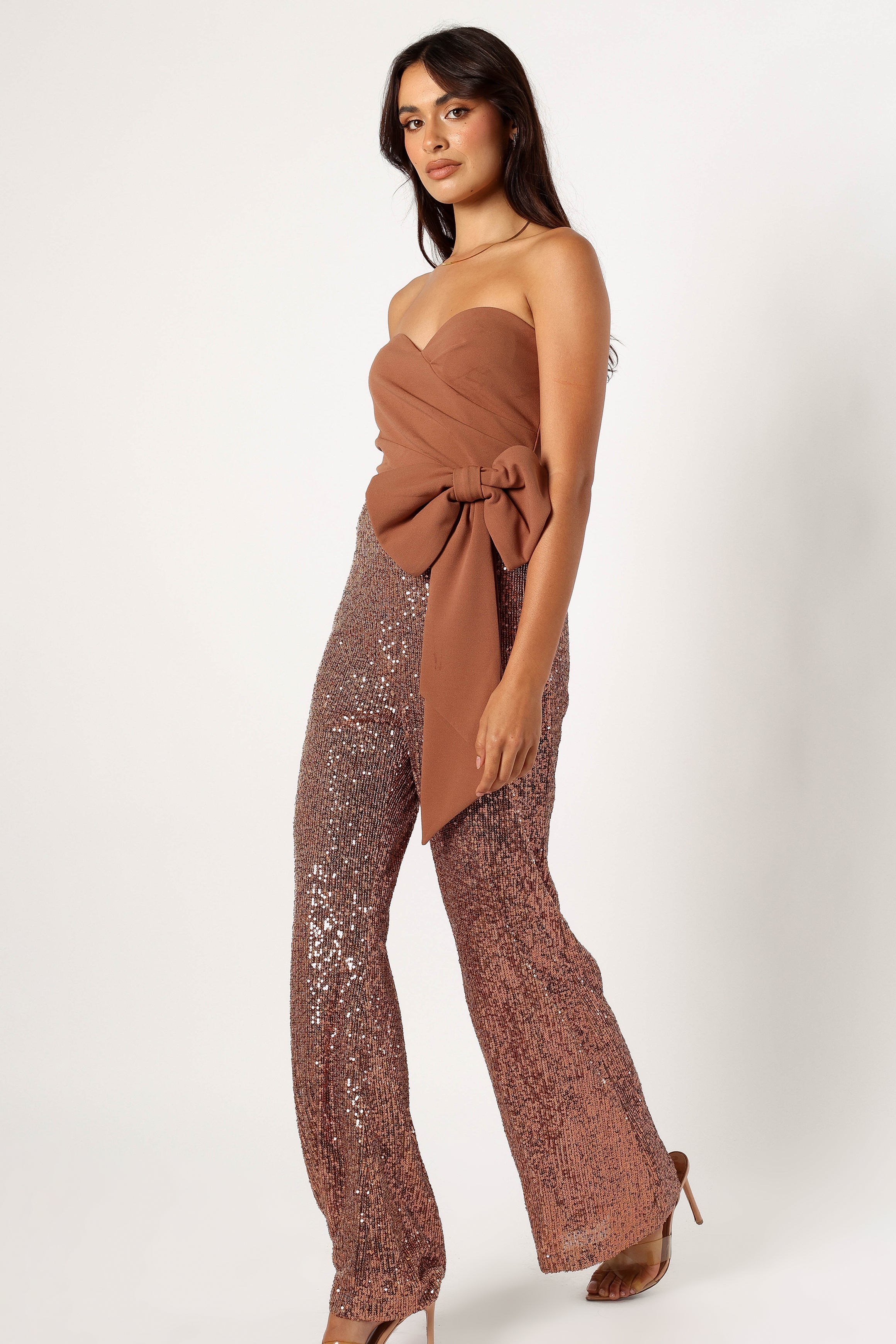 Strapless Sequin Jumpsuit with Bow Waist - Tan