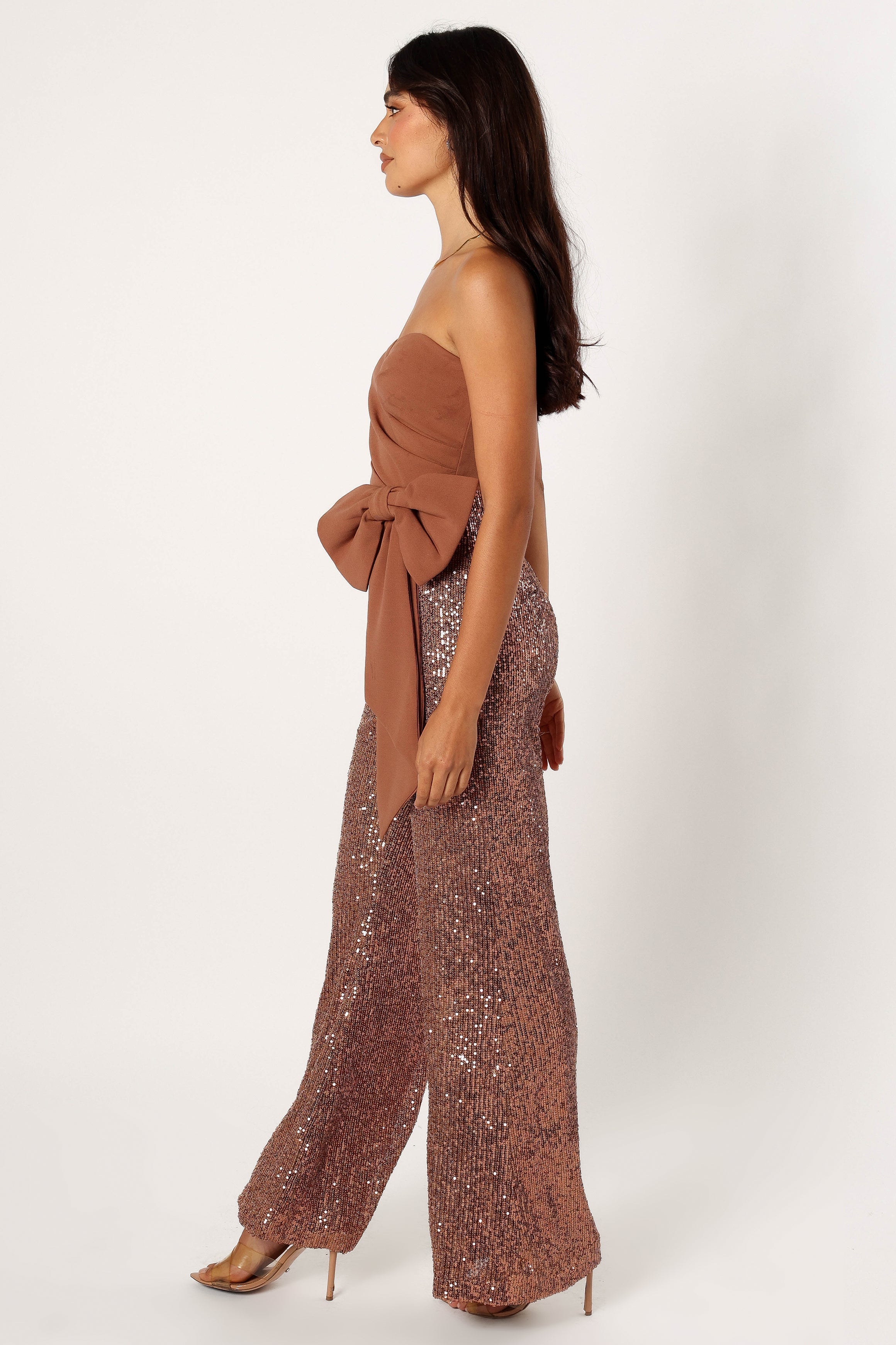 Strapless Sequin Jumpsuit with Bow Waist - Tan