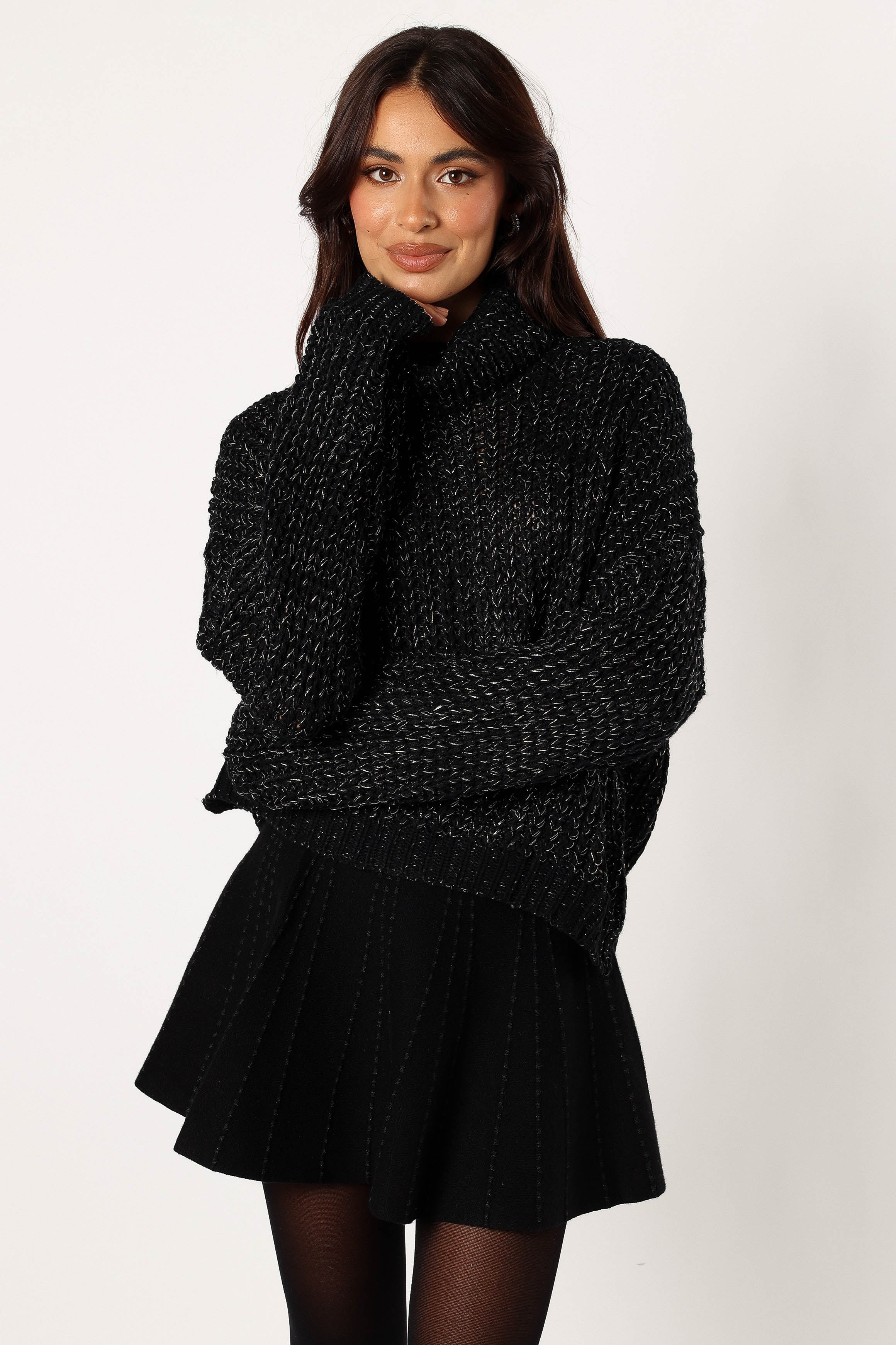 Black Lurex Knit Sweater with Silver Thread - Turtle Neck Cable Design