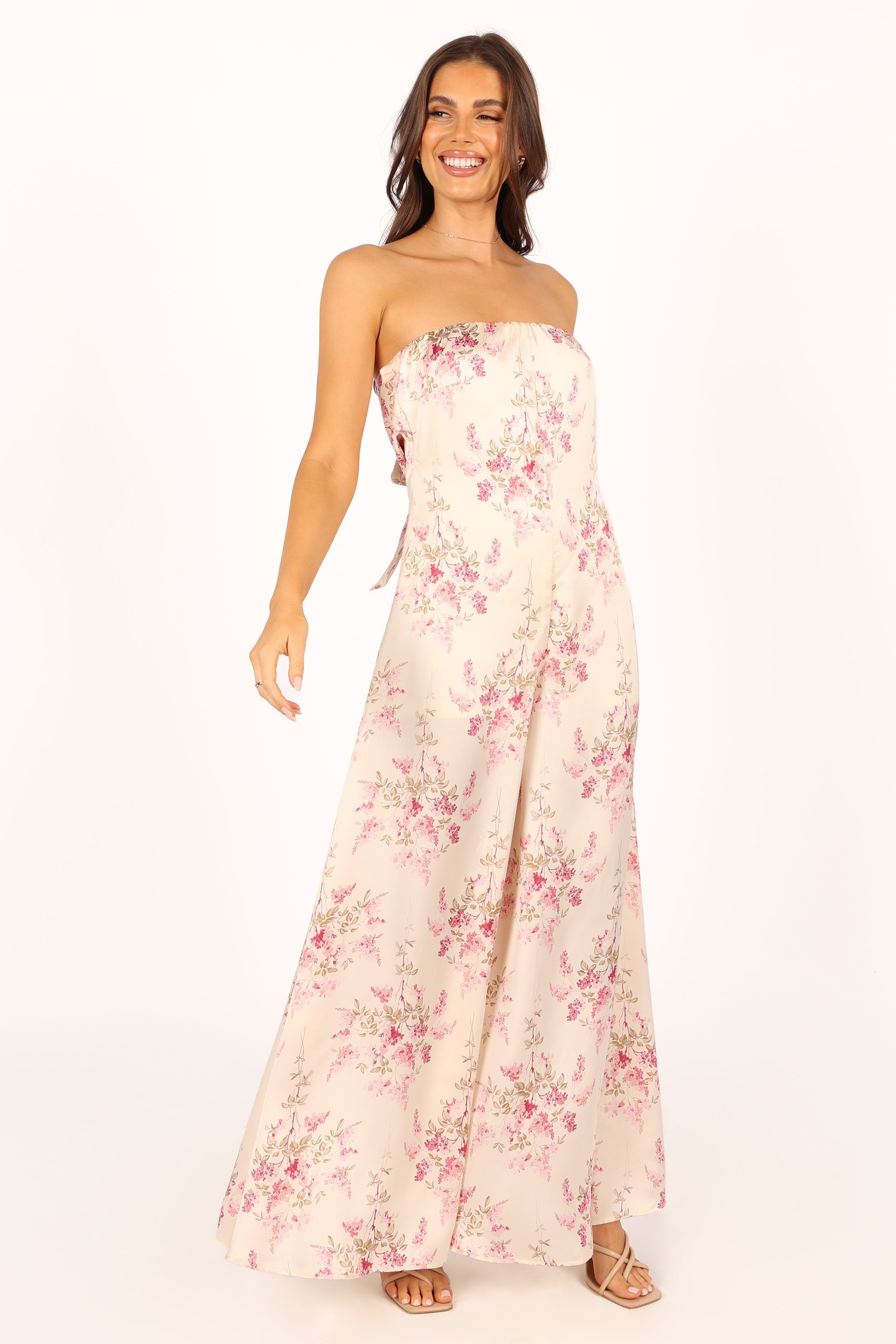 Floral Strapless Jumpsuit for Women - Off White Wide Leg