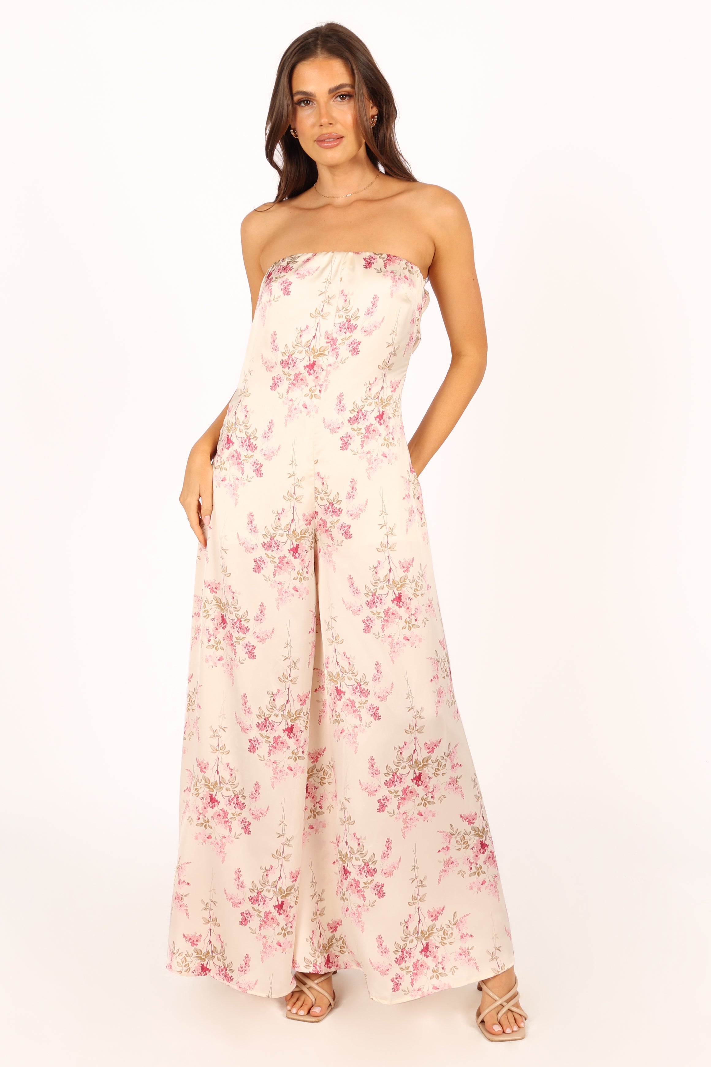 Floral Strapless Jumpsuit for Women - Off White Wide Leg