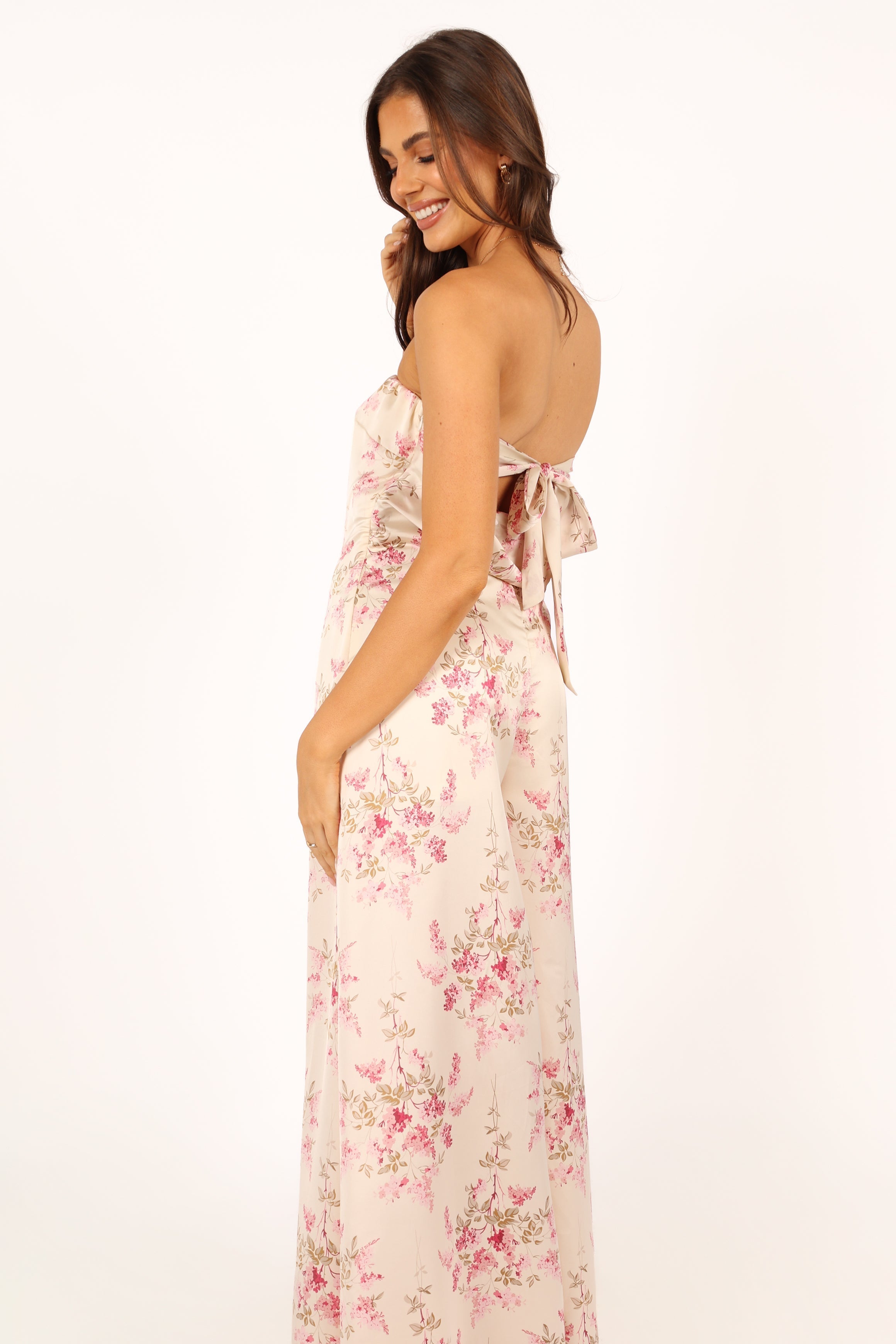 Floral Strapless Jumpsuit for Women - Off White Wide Leg