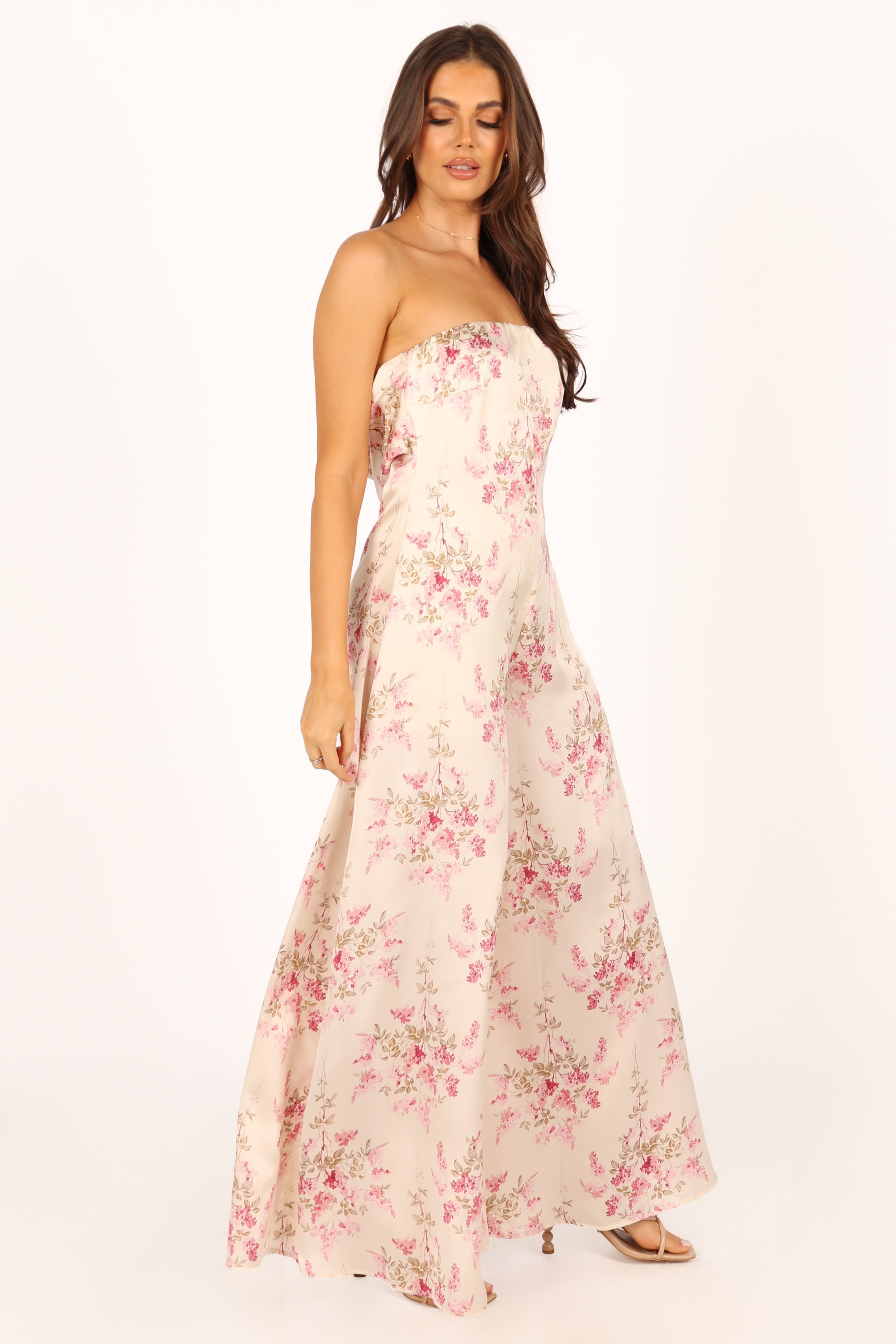 Floral Strapless Jumpsuit for Women - Off White Wide Leg