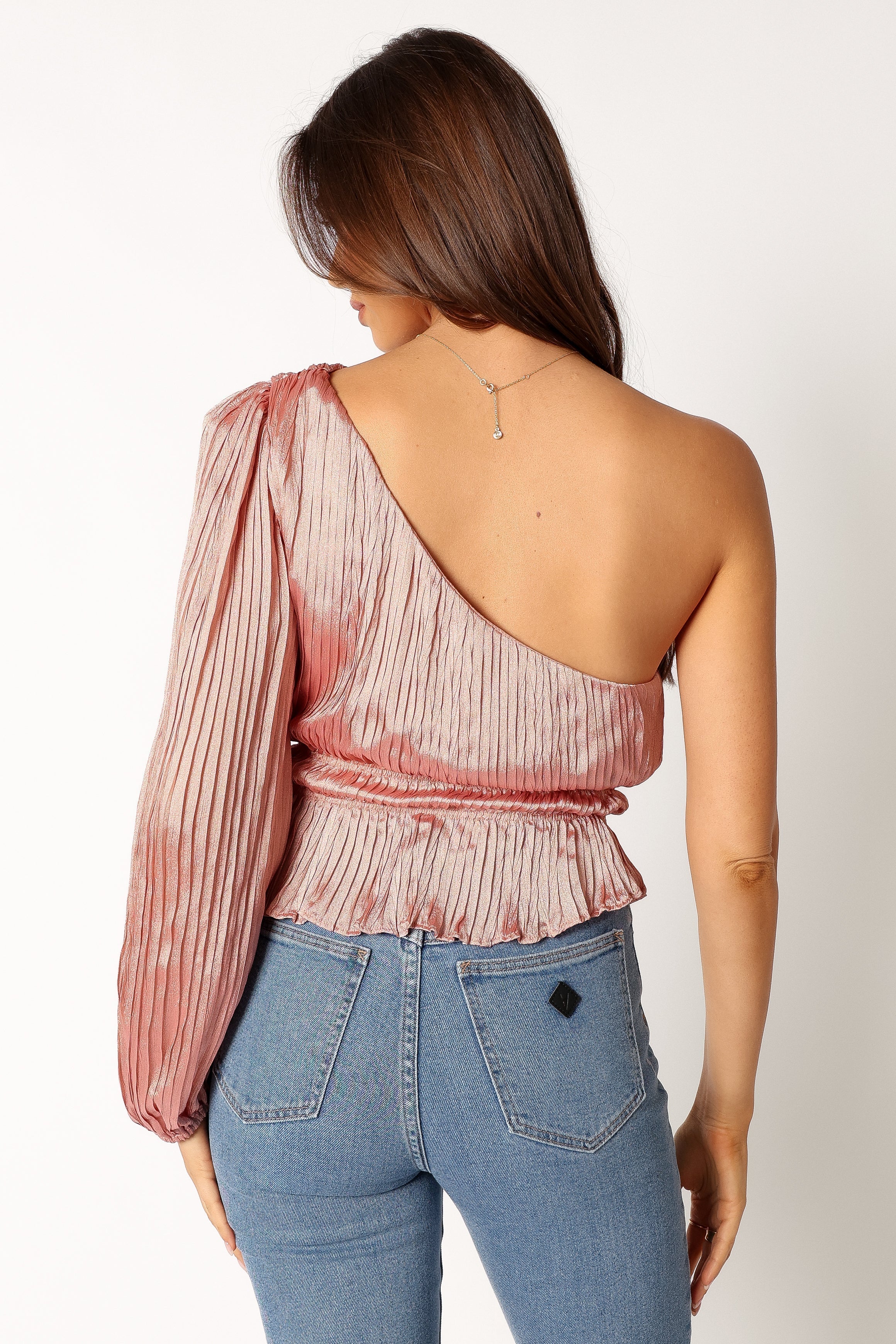Pink Aria One Shoulder Long Sleeve Top - Elastic Bodice