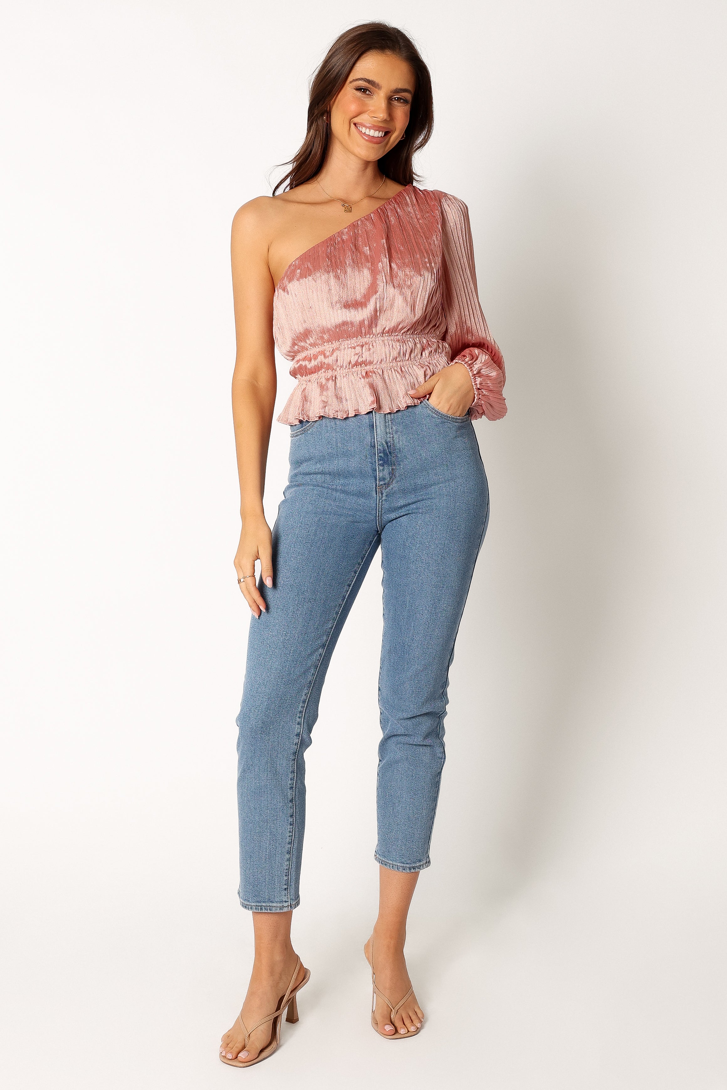 Pink Aria One Shoulder Long Sleeve Top - Elastic Bodice