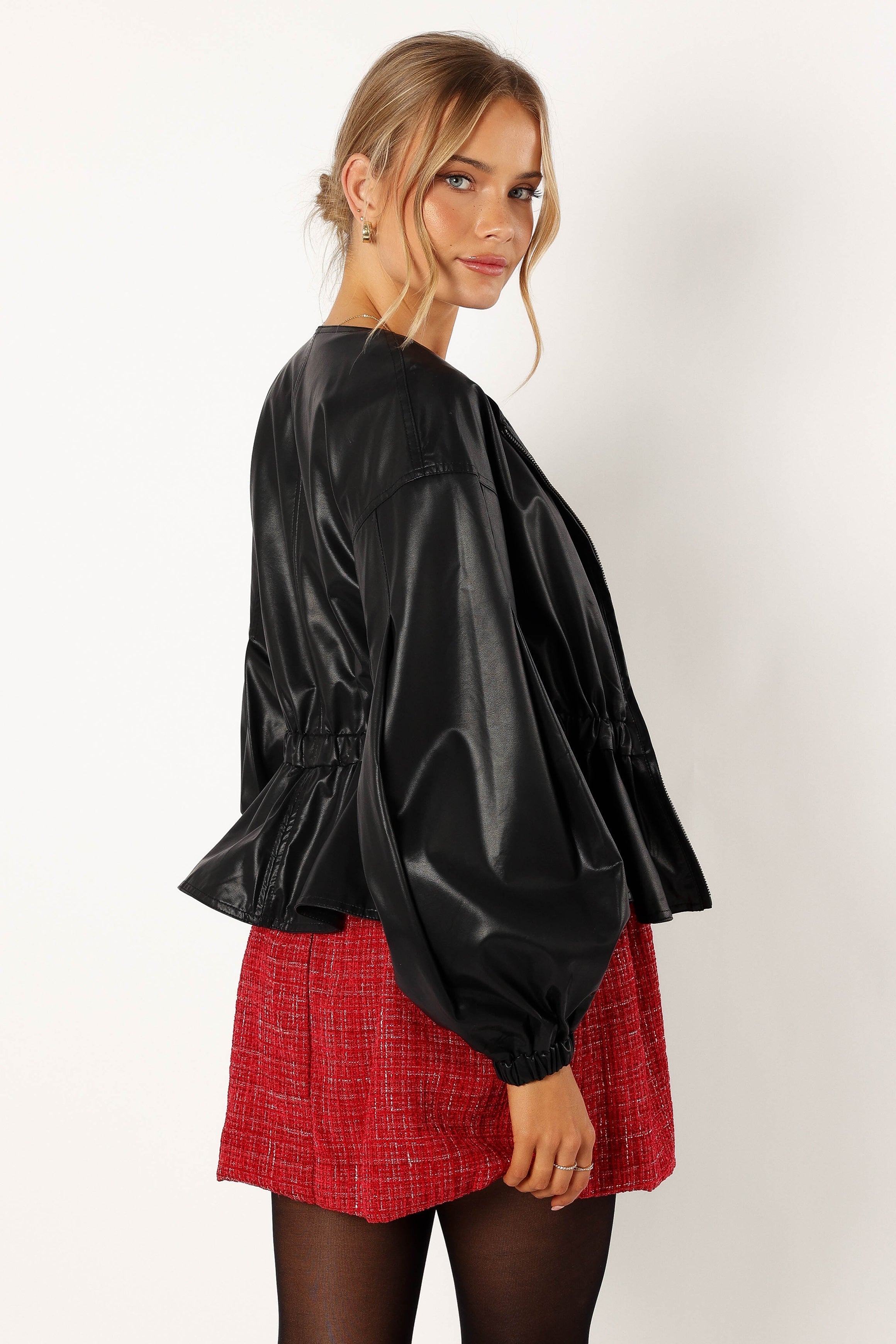 Black Faux Leather Puff Sleeve Jacket - Ivanna Peplum Style