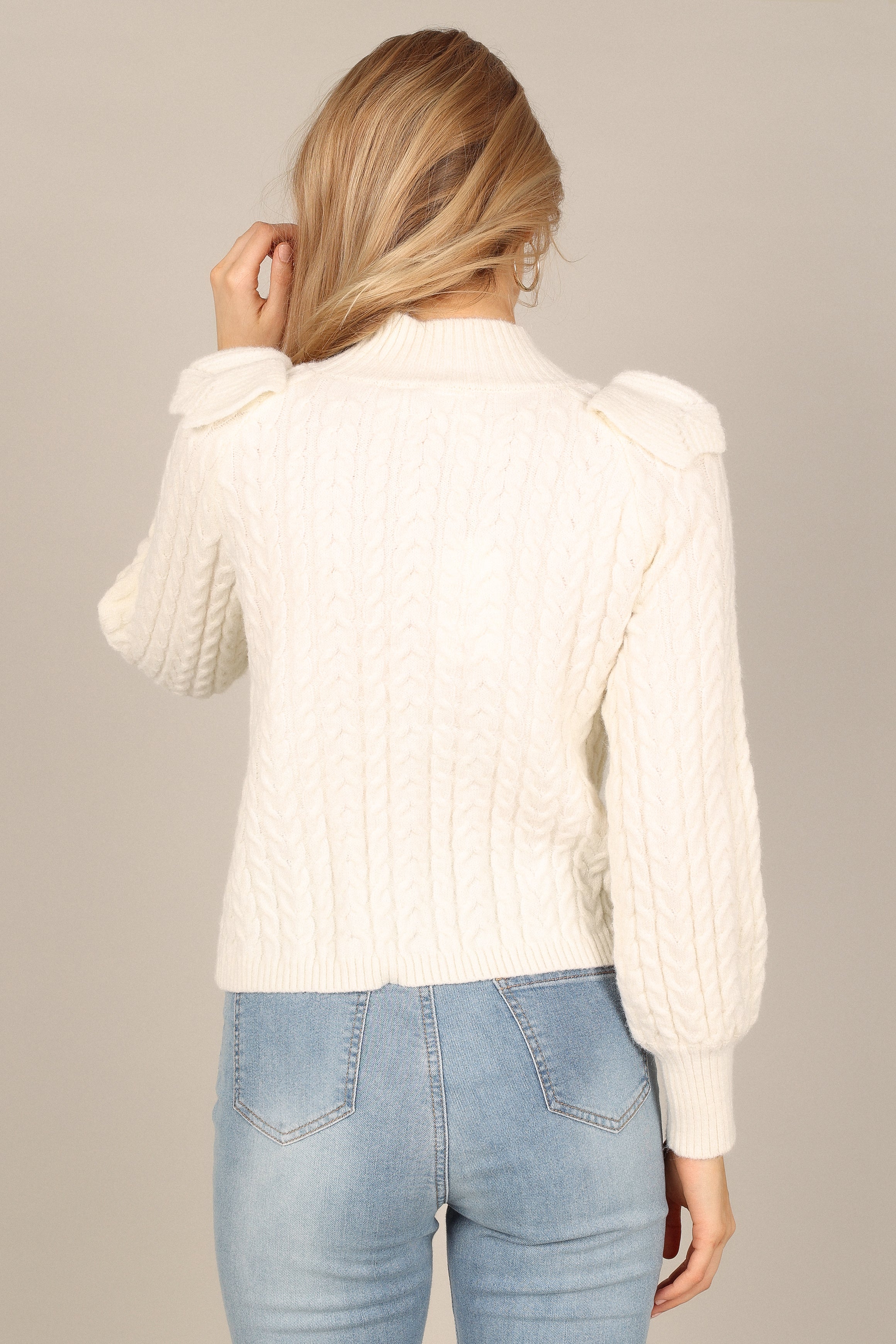 Ivory Cable Knit Sweater with Frill Detail - Annette Mock Neck