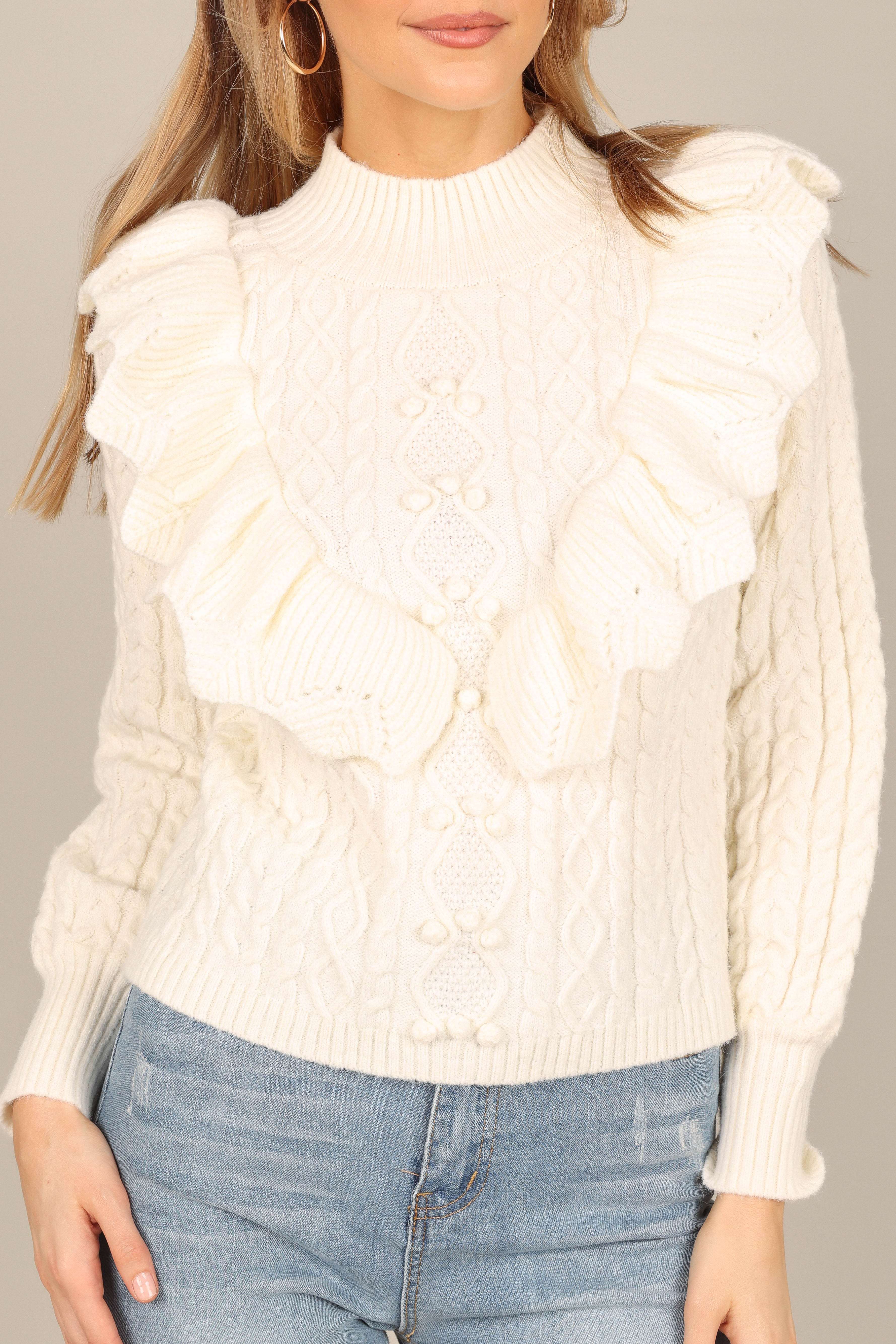 Ivory Cable Knit Sweater with Frill Detail - Annette Mock Neck