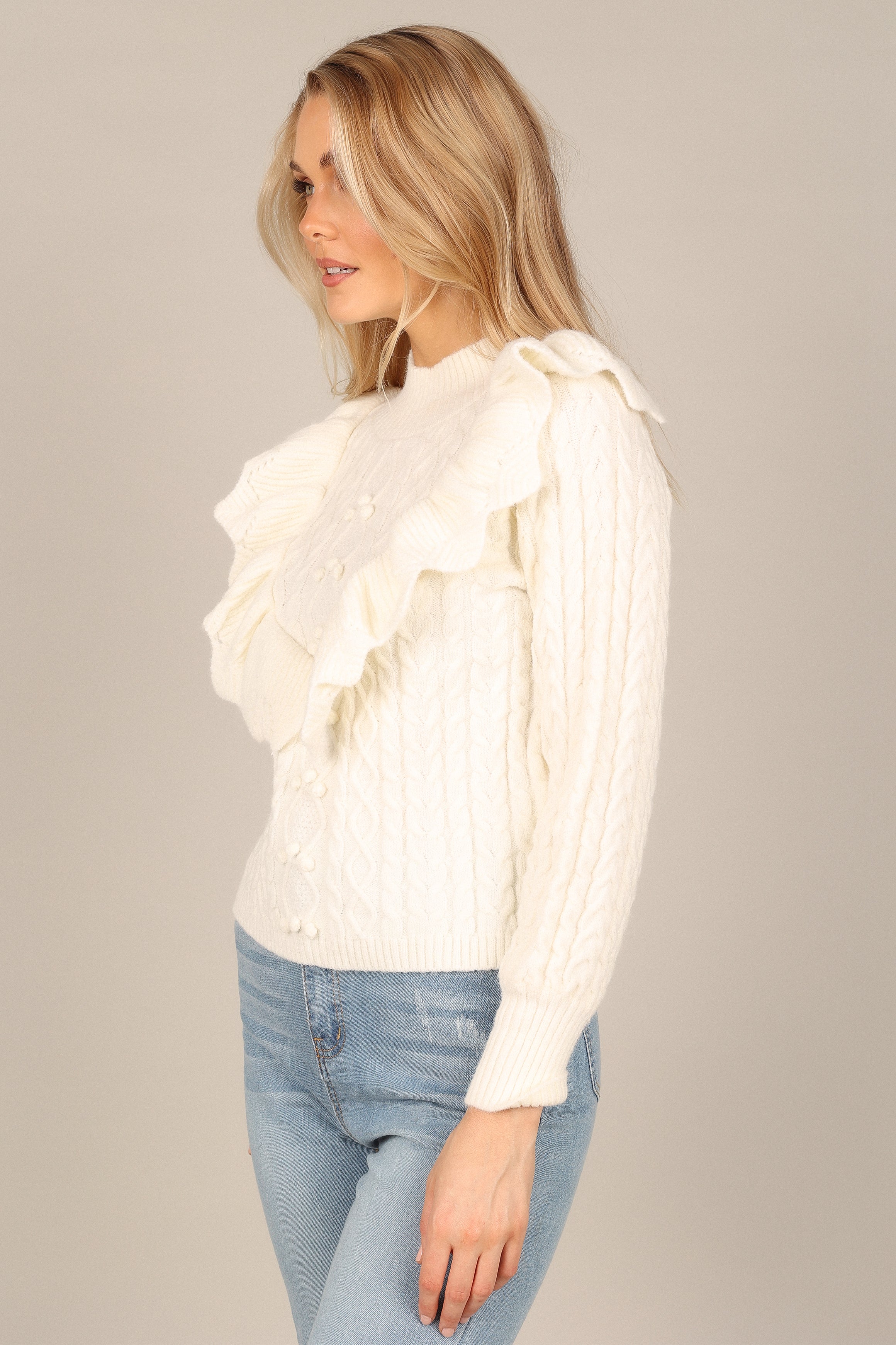 Ivory Cable Knit Sweater with Frill Detail - Annette Mock Neck