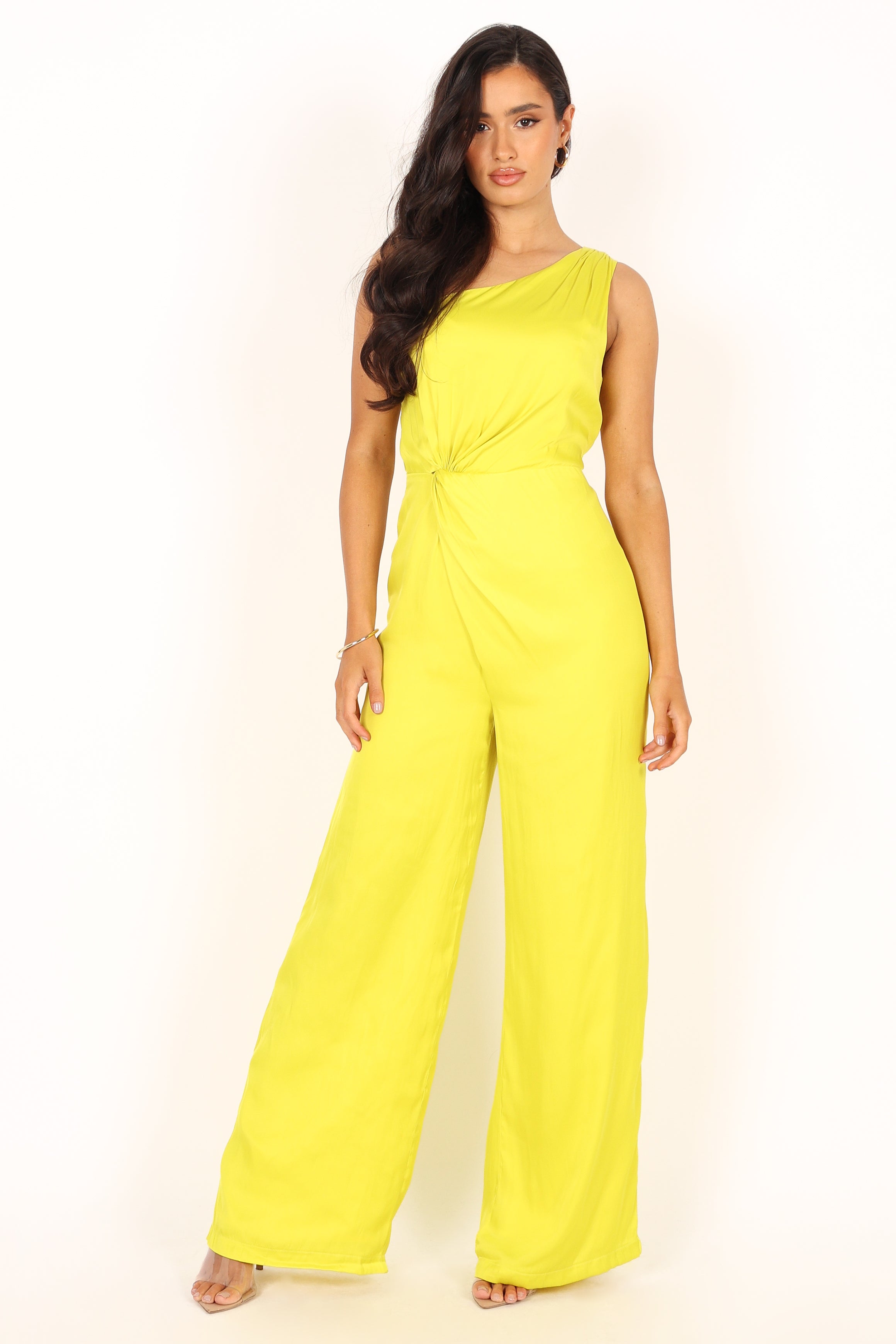 Women's Lime One Shoulder Satin Jumpsuit - Isabel Asymmetric Neckline