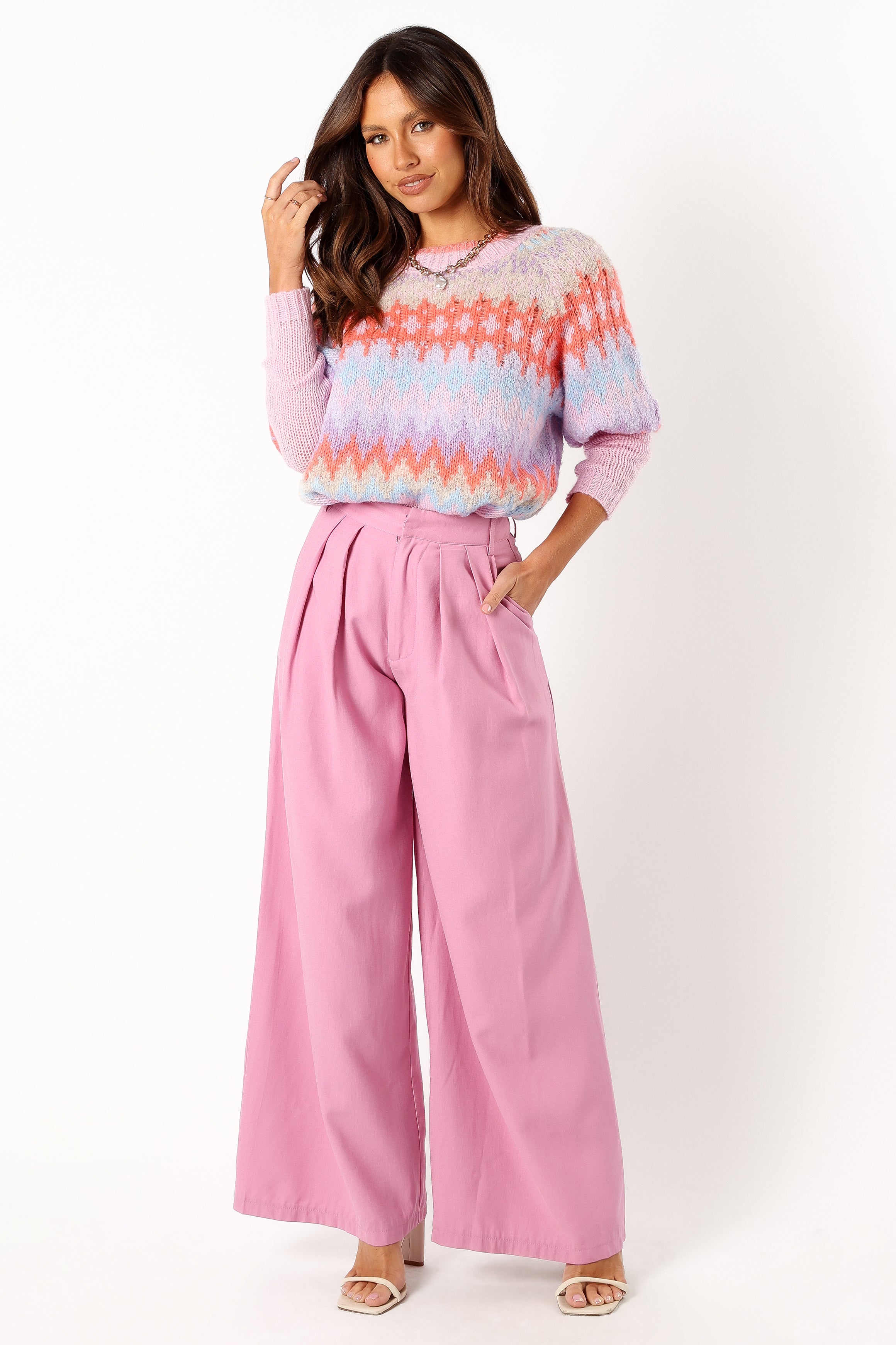 Emerson Fairisle Knit Sweater - Coral Blue Long Sleeve Women's Pullover