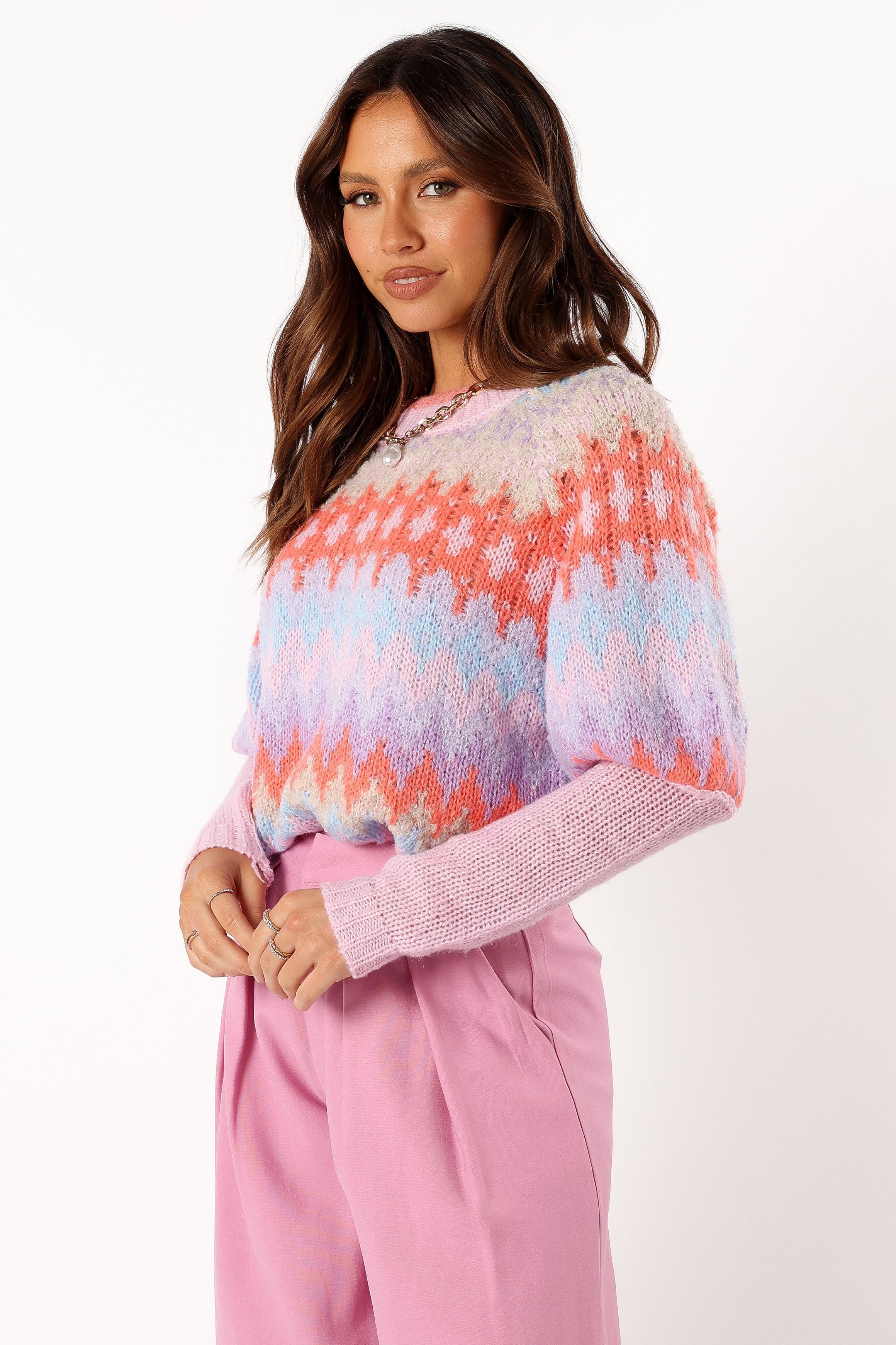 Emerson Fairisle Knit Sweater - Coral Blue Long Sleeve Women's Pullover