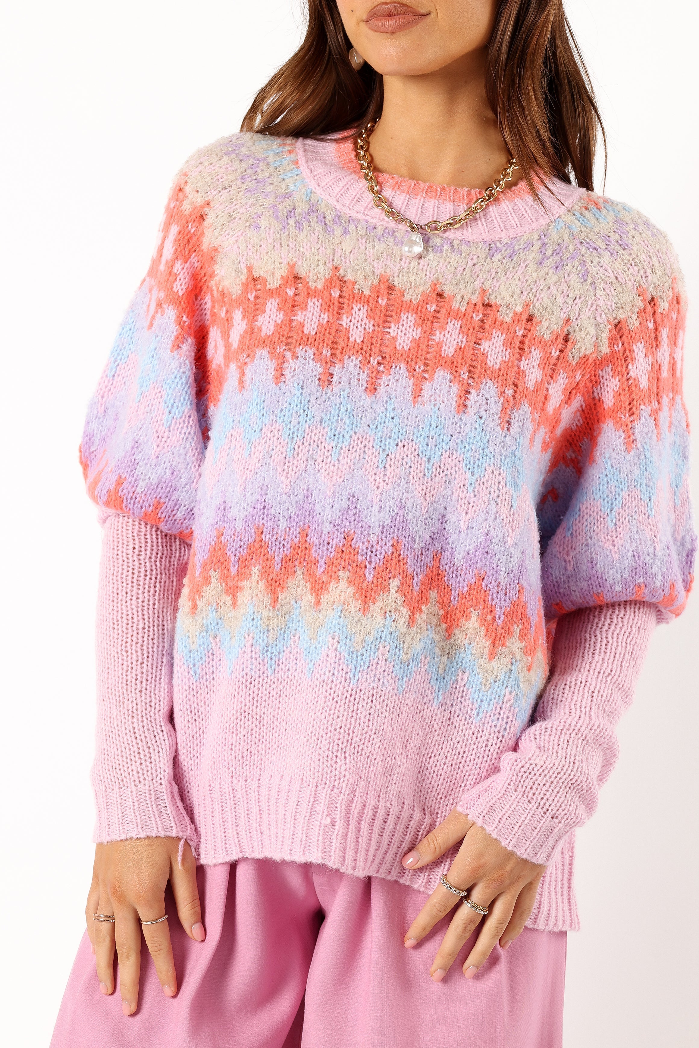 Emerson Fairisle Knit Sweater - Coral Blue Long Sleeve Women's Pullover