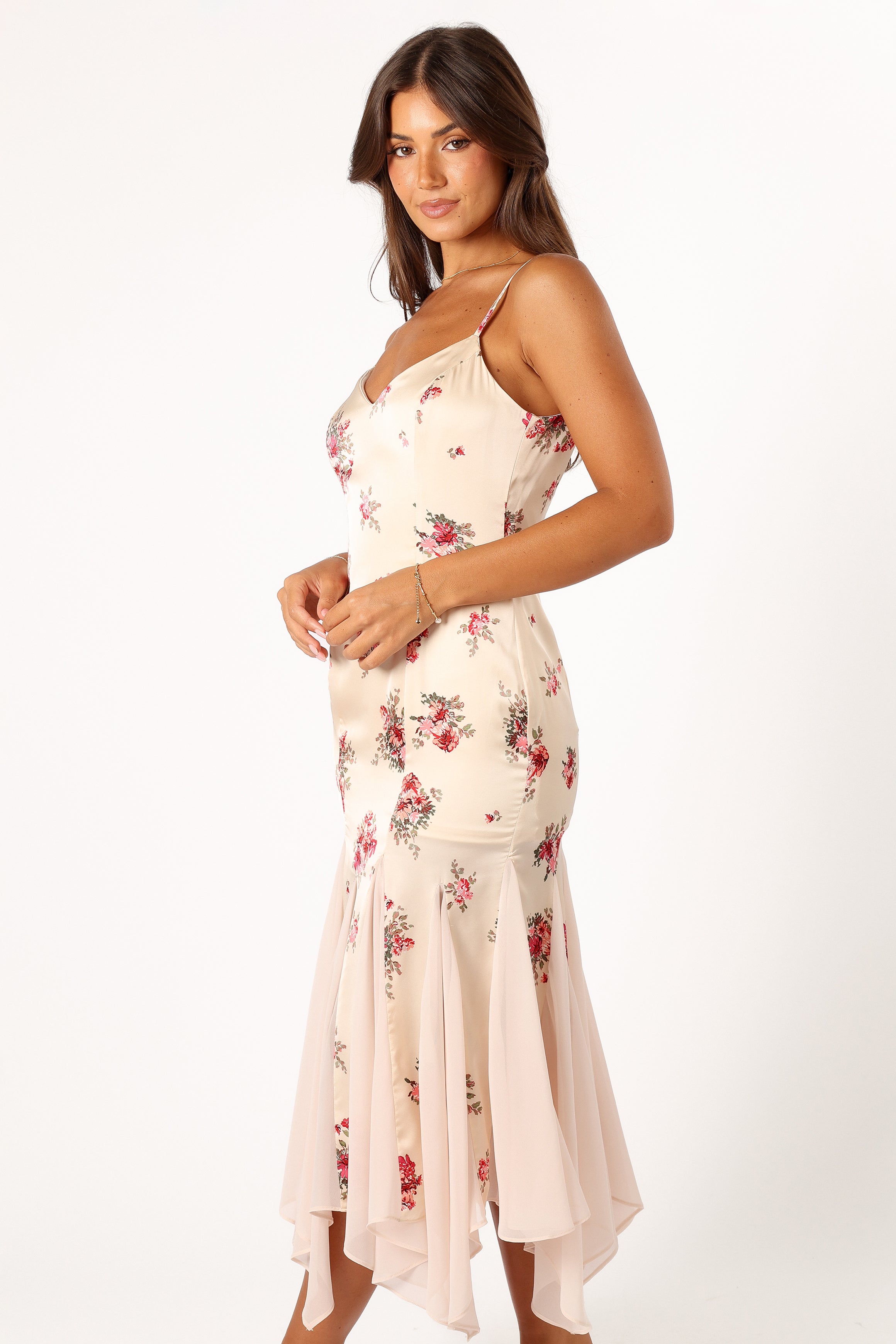 Floral Midi Dress with Adjustable Straps & V-Neck - Cream