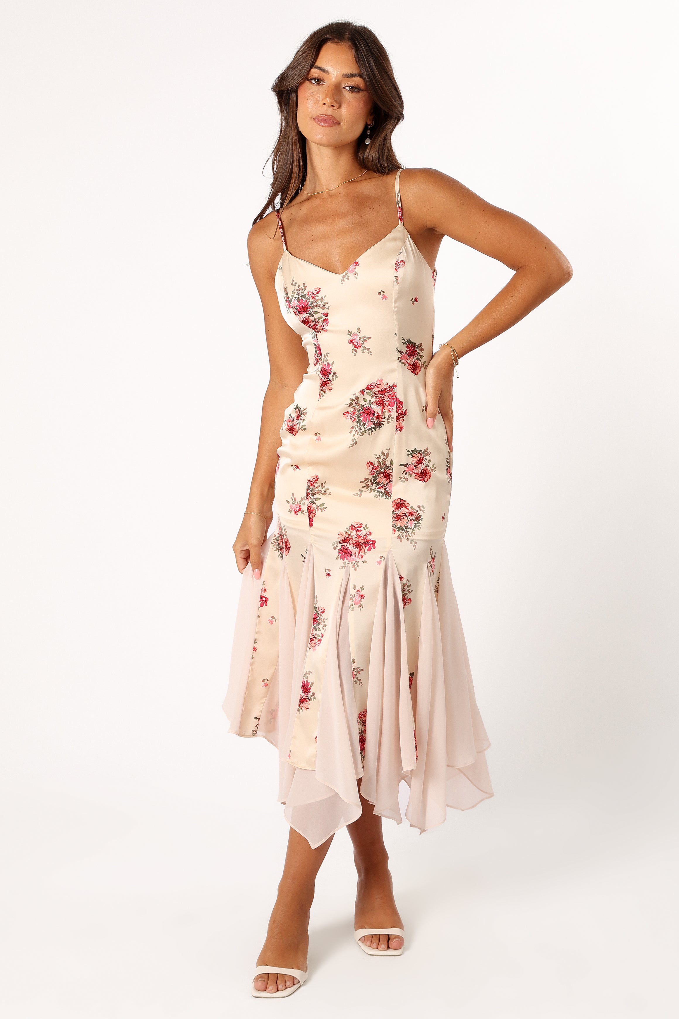 Floral Midi Dress with Adjustable Straps & V-Neck - Cream