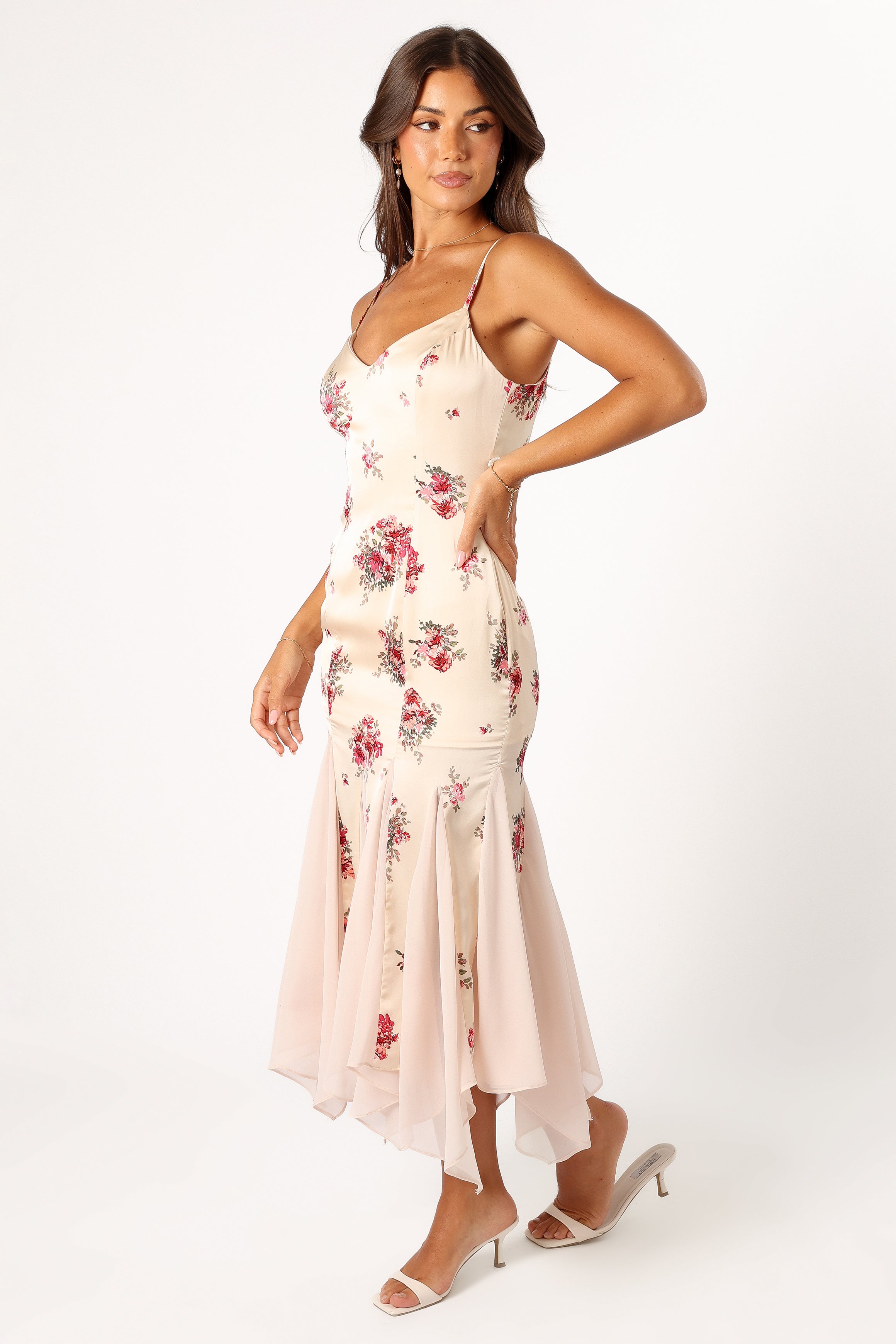 Floral Midi Dress with Adjustable Straps & V-Neck - Cream