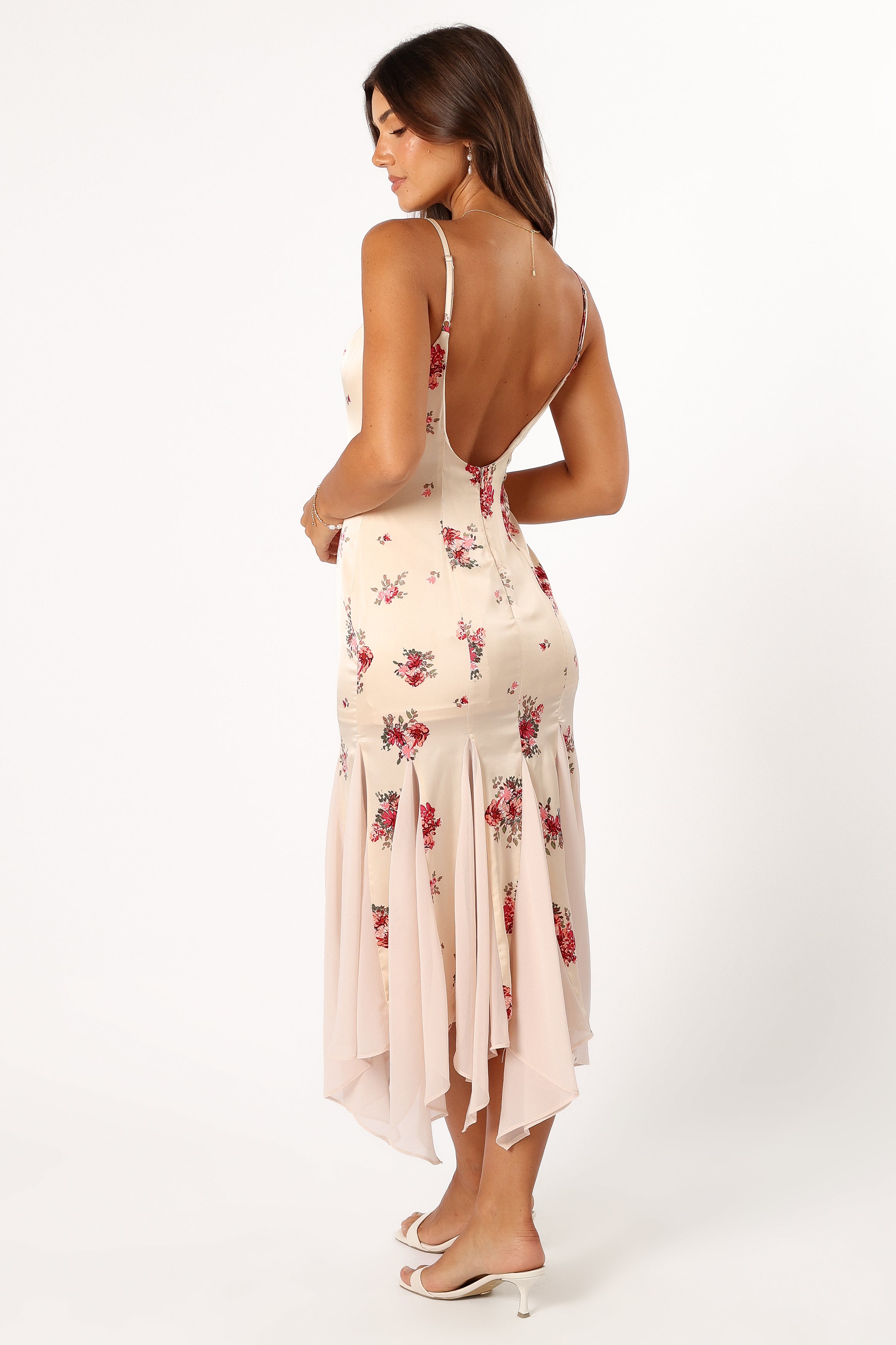 Floral Midi Dress with Adjustable Straps & V-Neck - Cream
