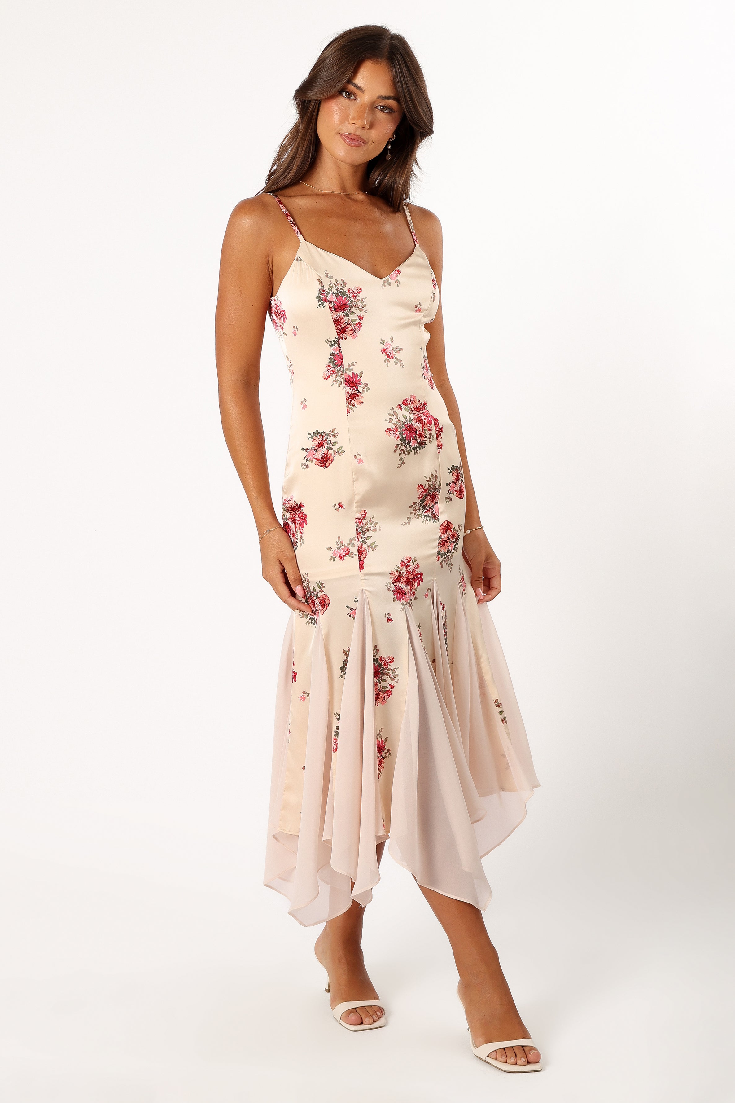 Floral Midi Dress with Adjustable Straps & V-Neck - Cream