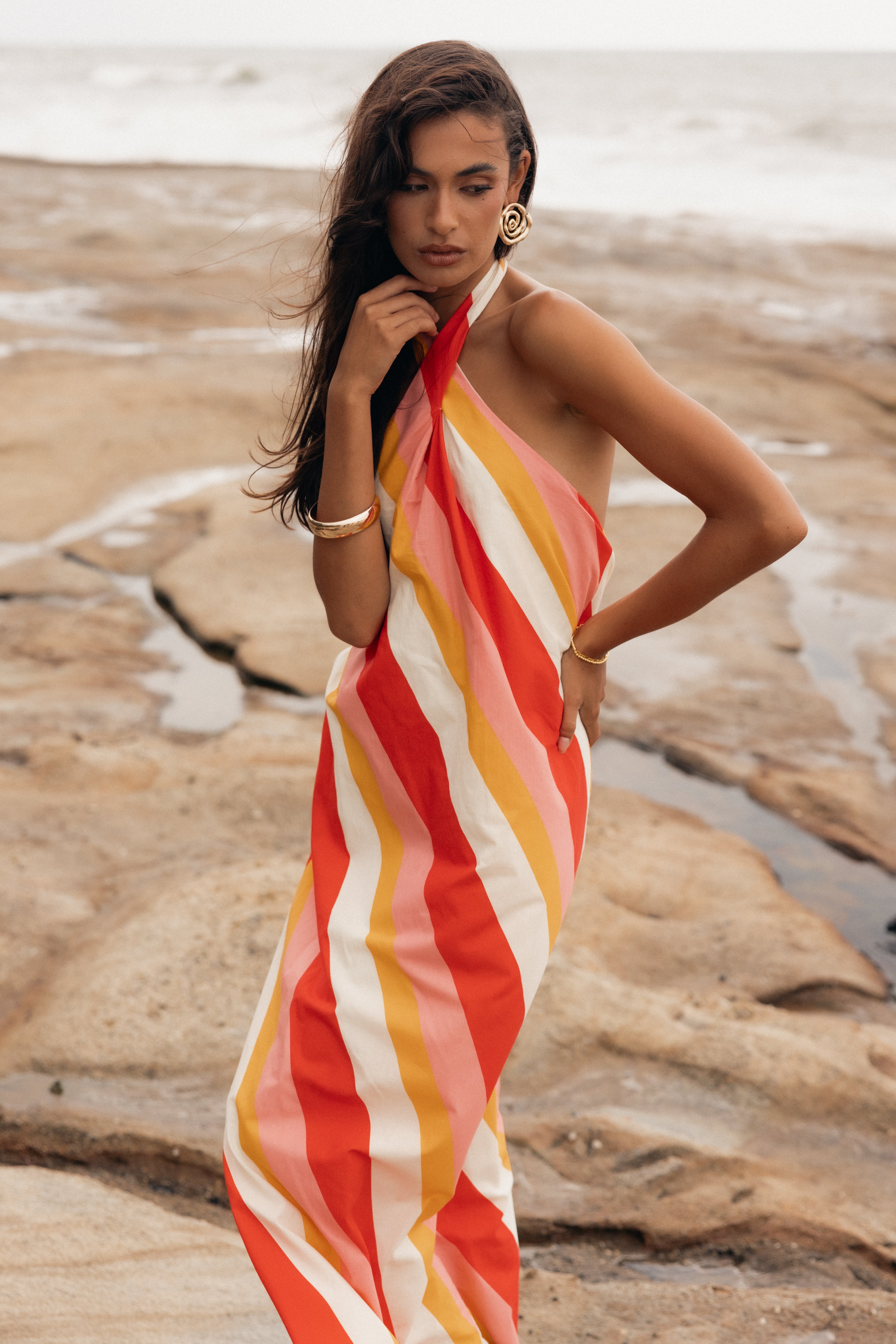 Women's Cotton Halter Neck Maxi Dress with Stripe Print - Sabbia Pink