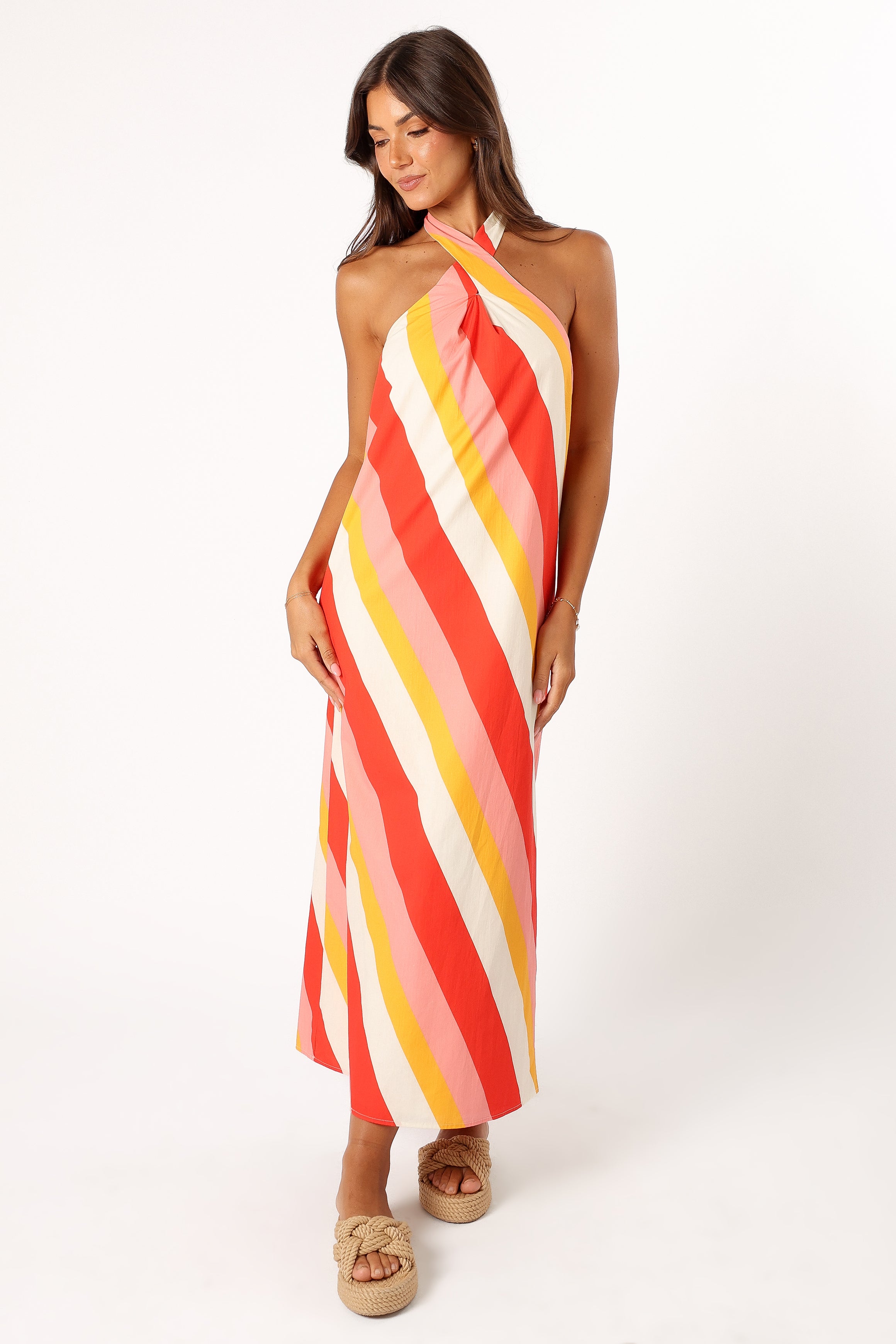 Women's Cotton Halter Neck Maxi Dress with Stripe Print - Sabbia Pink