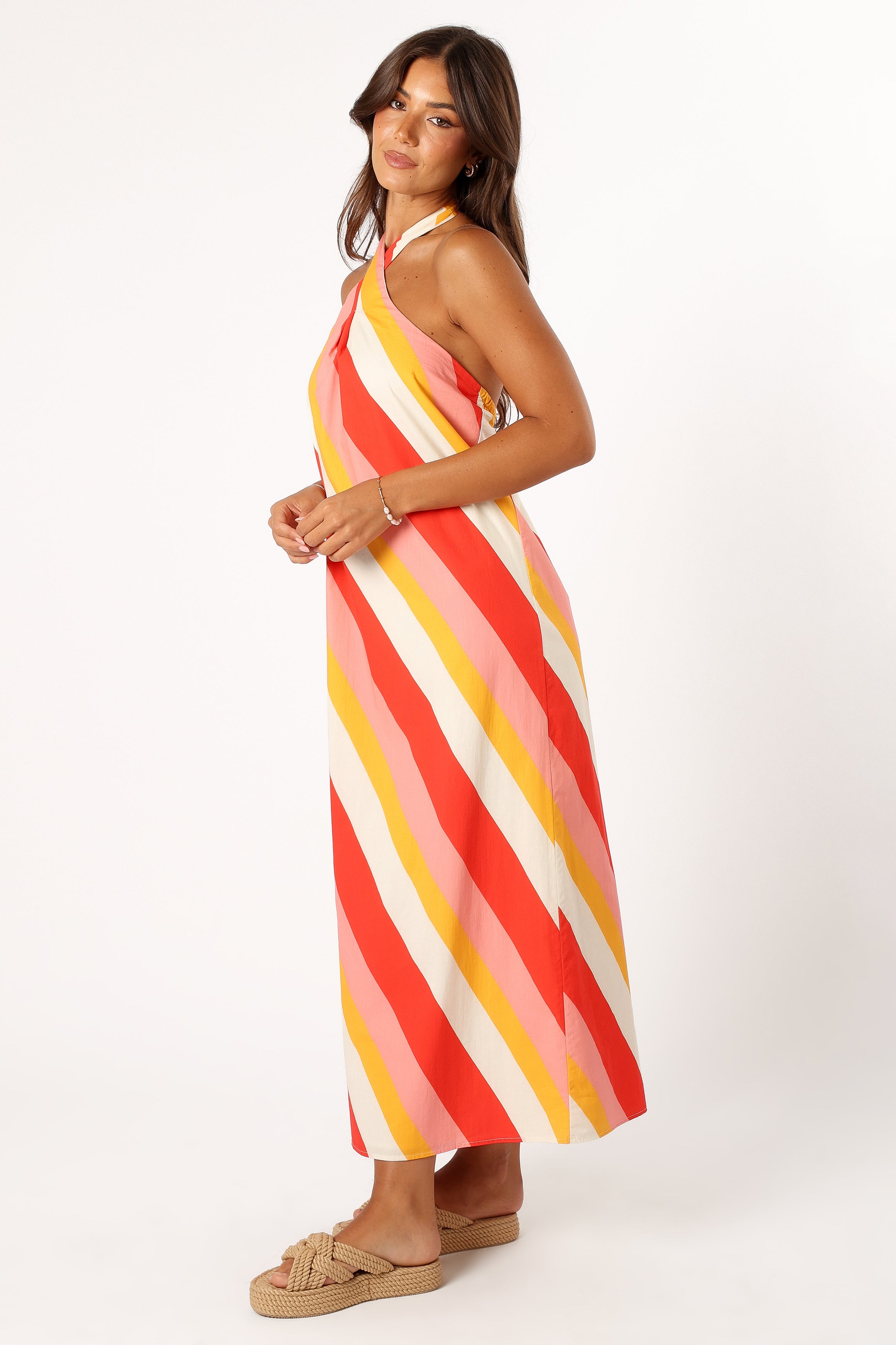 Women's Cotton Halter Neck Maxi Dress with Stripe Print - Sabbia Pink