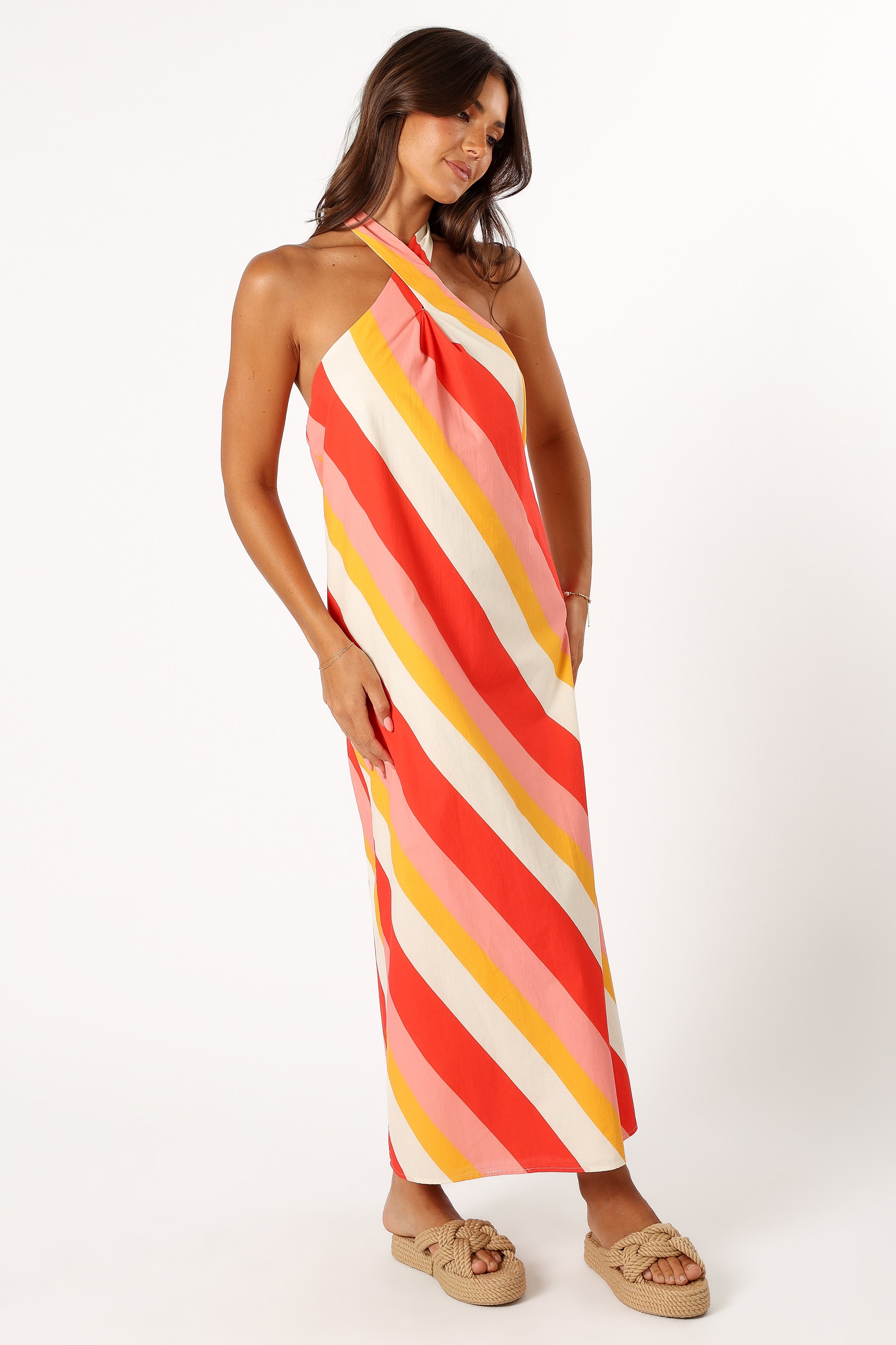Women's Cotton Halter Neck Maxi Dress with Stripe Print - Sabbia Pink