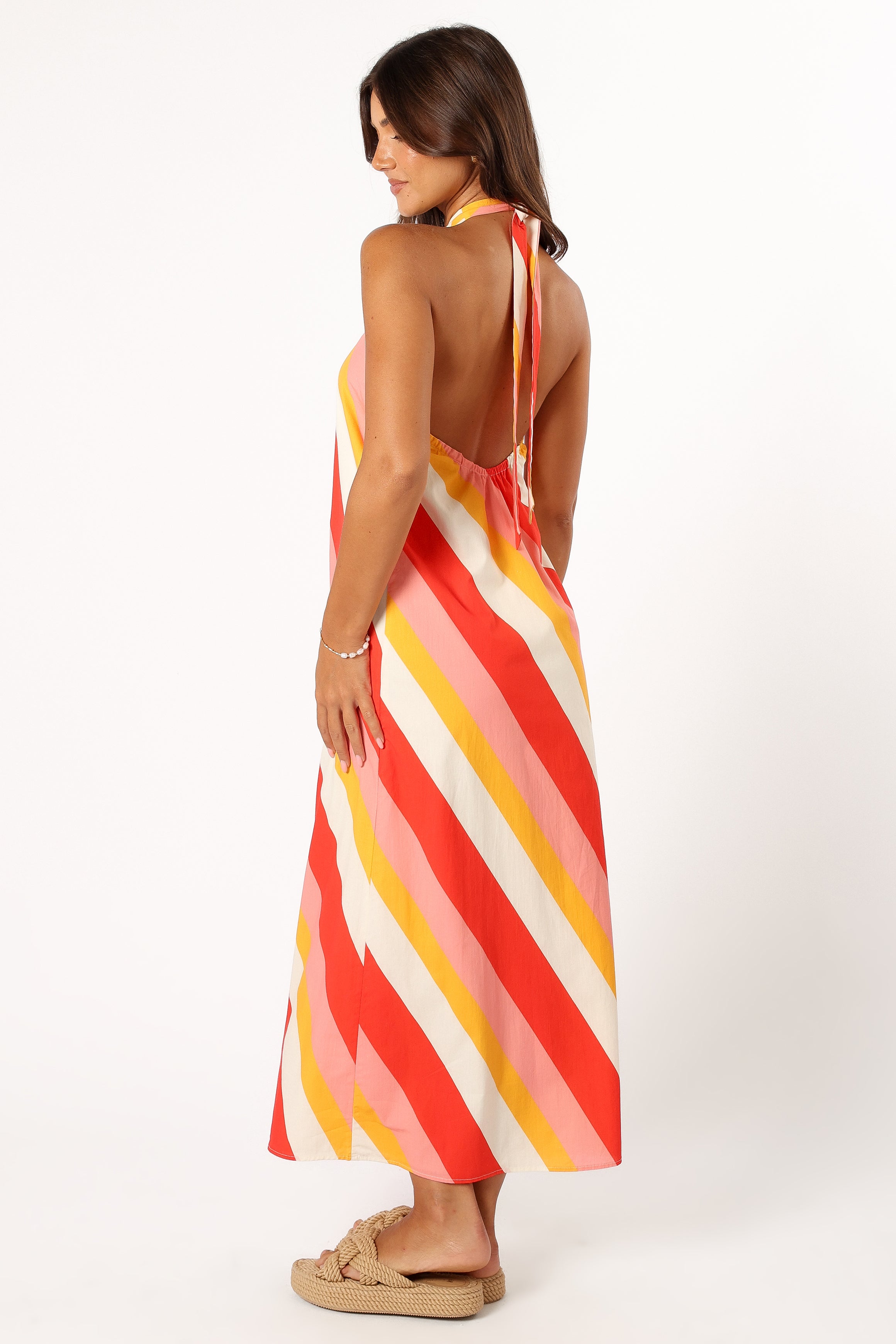Women's Cotton Halter Neck Maxi Dress with Stripe Print - Sabbia Pink