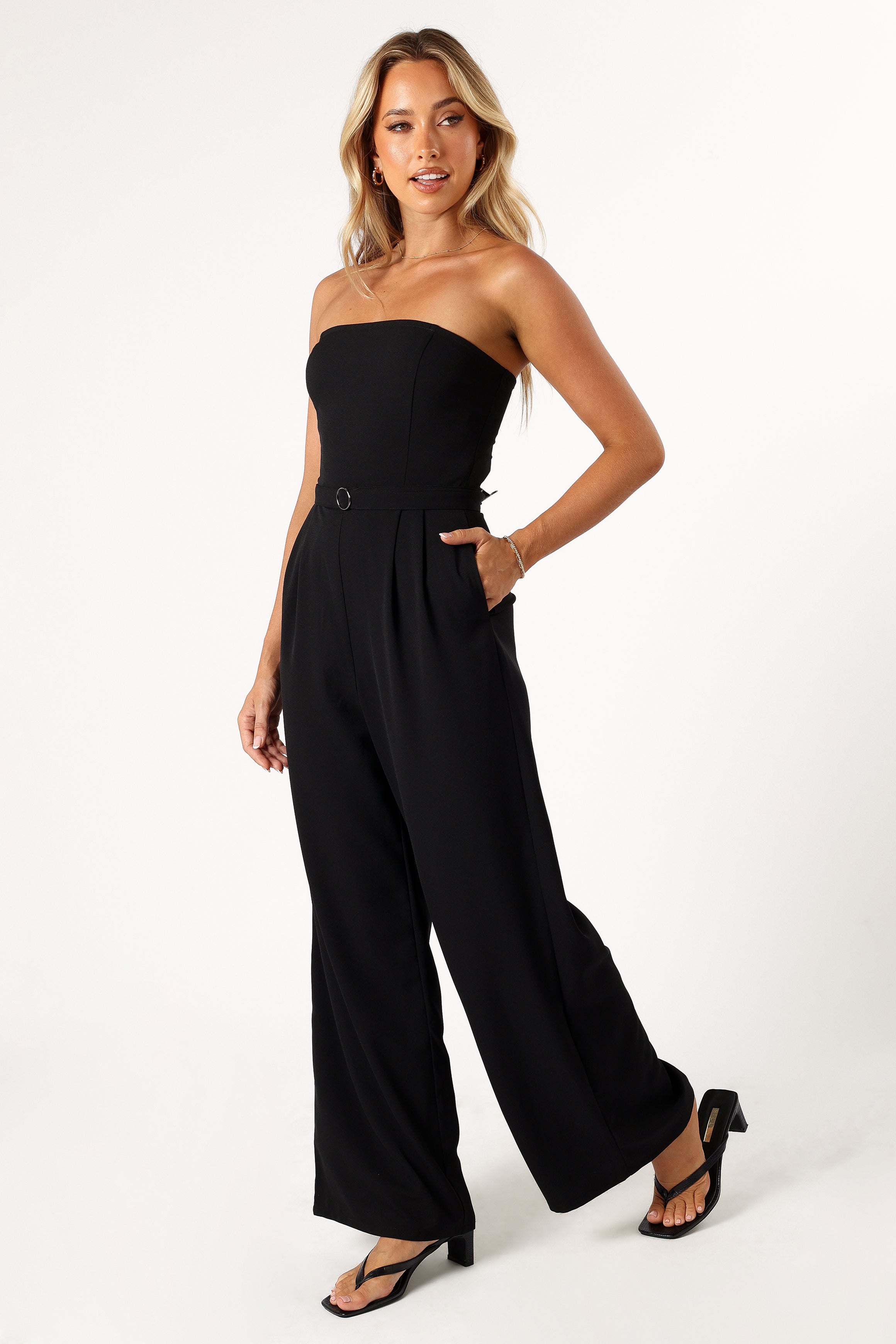 Hansen Black Strapless Jumpsuit with Wide Leg & Detachable Belt