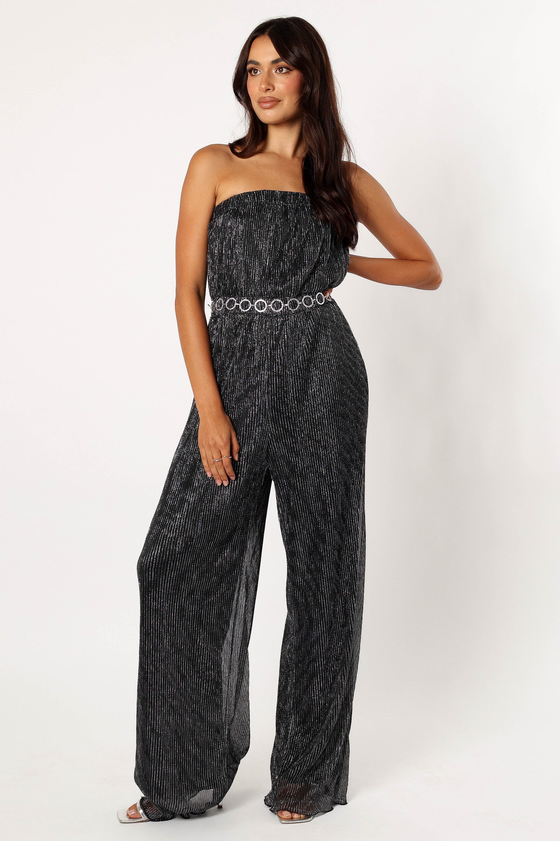 Black Strapless Jumpsuit - Pleated Plisse Wide Leg Design