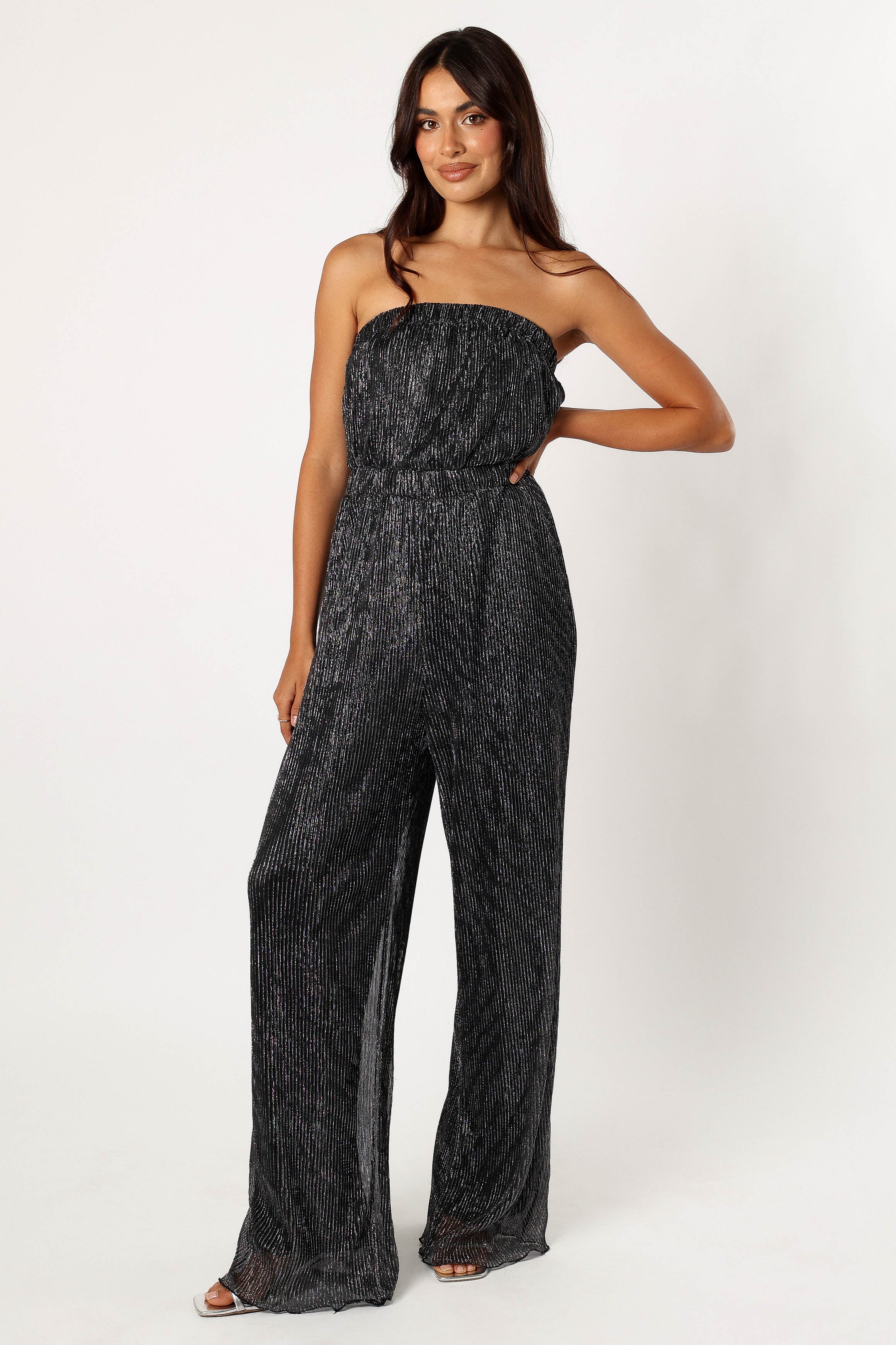 Black Strapless Jumpsuit - Pleated Plisse Wide Leg Design
