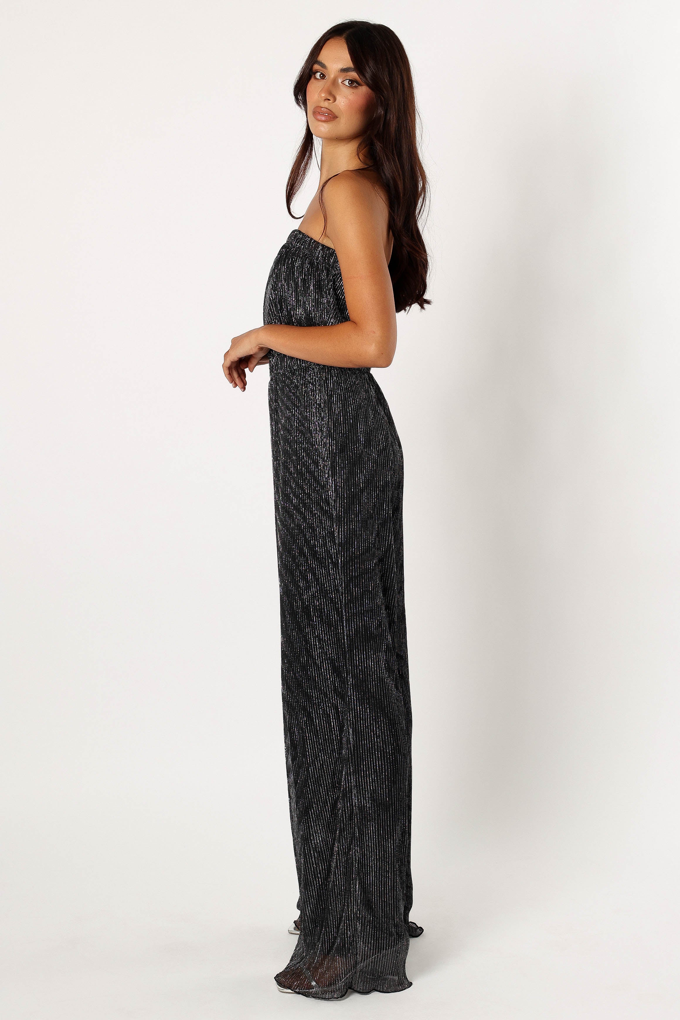 Black Strapless Jumpsuit - Pleated Plisse Wide Leg Design