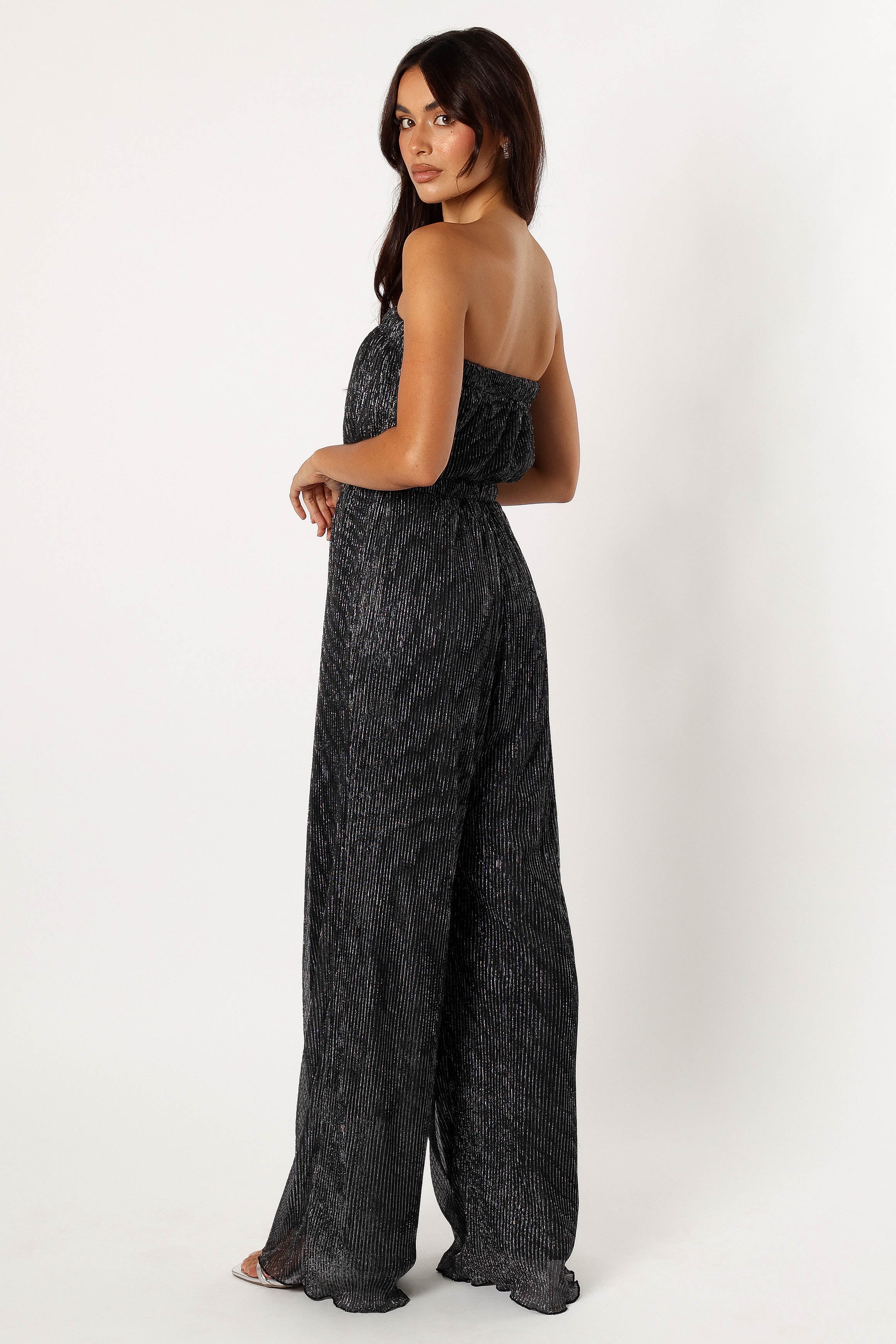 Black Strapless Jumpsuit - Pleated Plisse Wide Leg Design